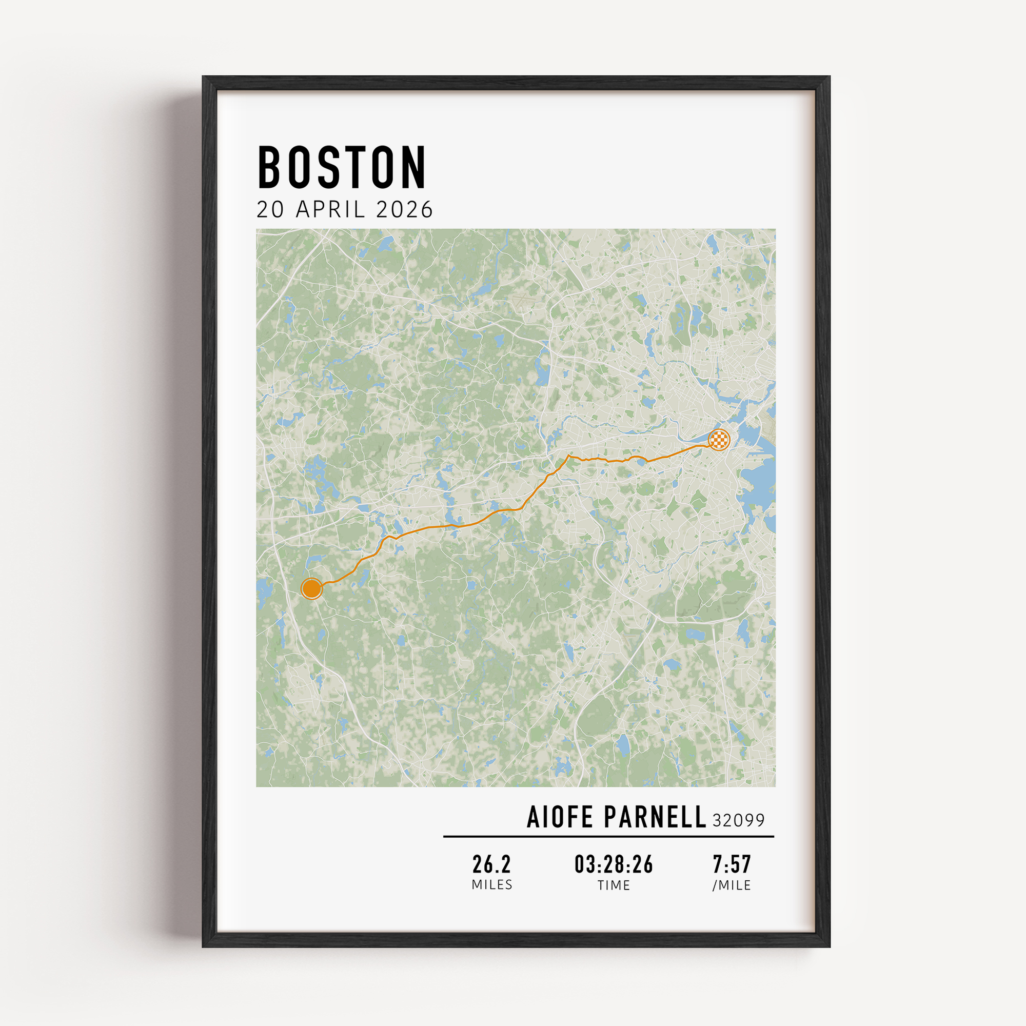 Boston Marathon route custom map print with custom stats and runner gift name