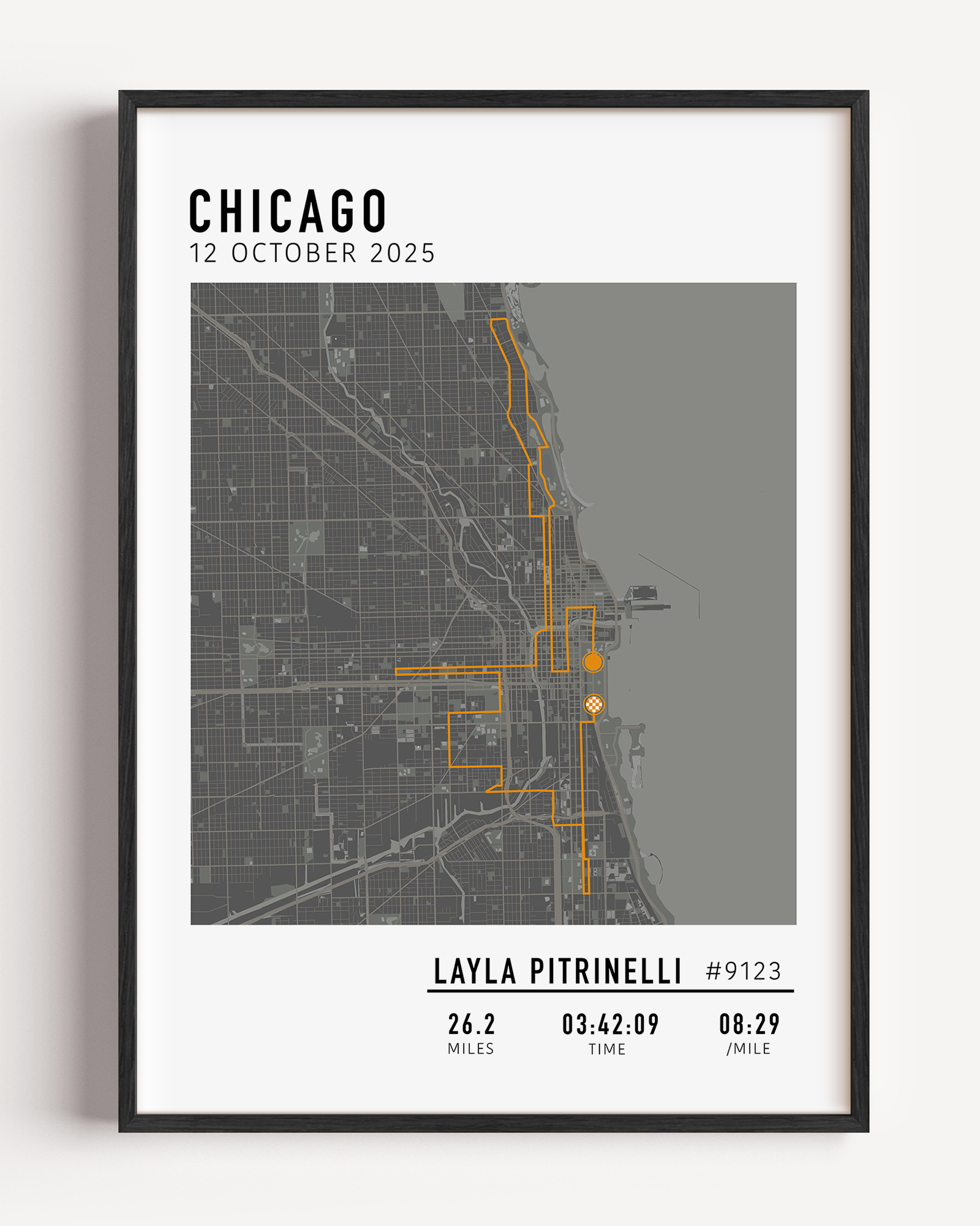 Custom Chicago Marathon map poster showcasing the iconic race route, personalized with GPX data. Ideal keepsake or Chicago Marathon route gift for finishers and runners to celebrate their race achievements.
