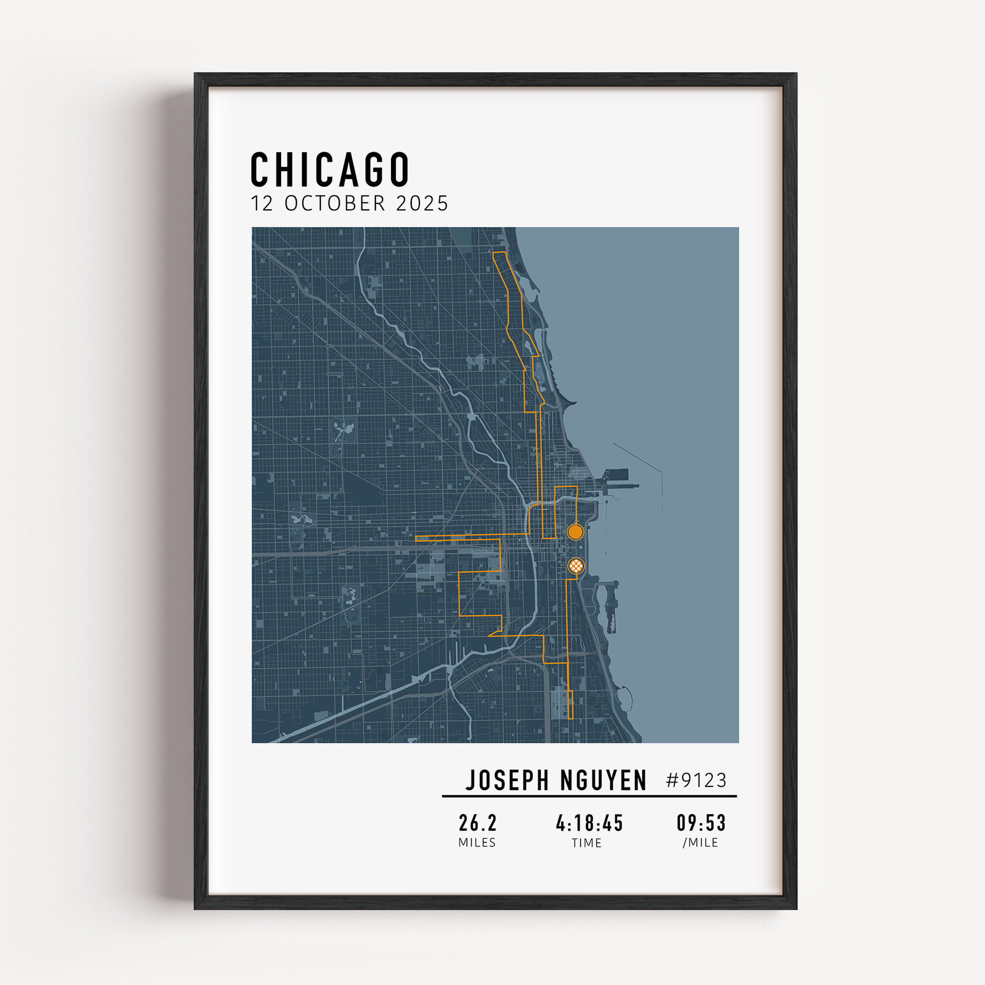 Custom Chicago Marathon map poster showcasing the iconic race route, personalized with GPX data. Ideal keepsake or Chicago Marathon route gift for finishers and runners to celebrate their race achievements.