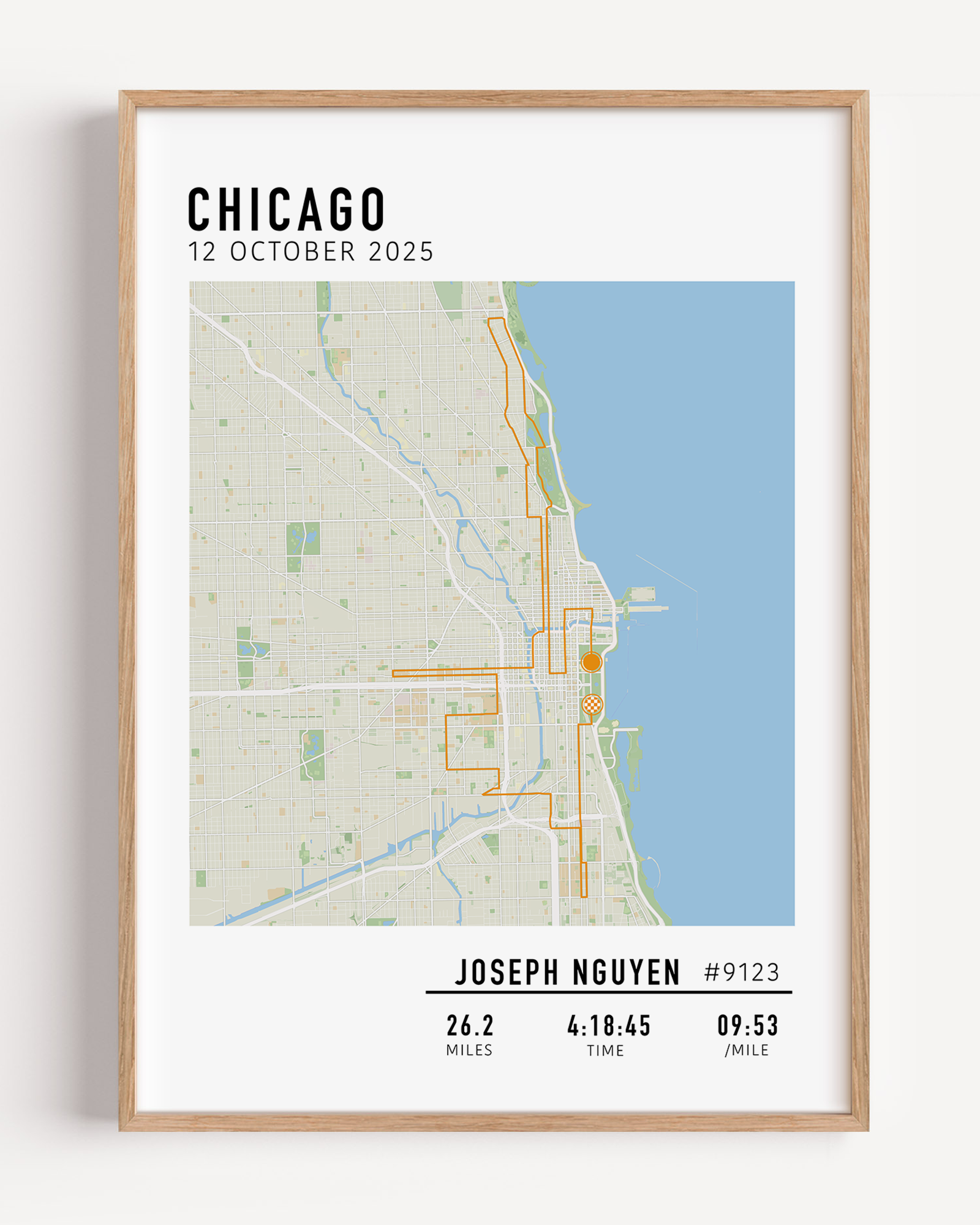 Custom Chicago Marathon map poster showcasing the iconic race route, personalized with GPX data. Ideal keepsake or Chicago Marathon route gift for finishers and runners to celebrate their race achievements.