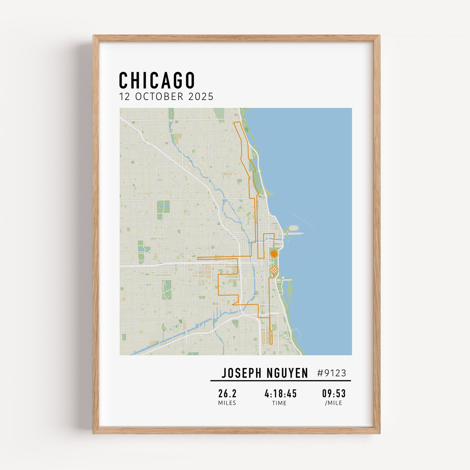 Custom Chicago Marathon map poster showcasing the iconic race route, personalized with GPX data. Ideal keepsake or Chicago Marathon route gift for finishers and runners to celebrate their race achievements.