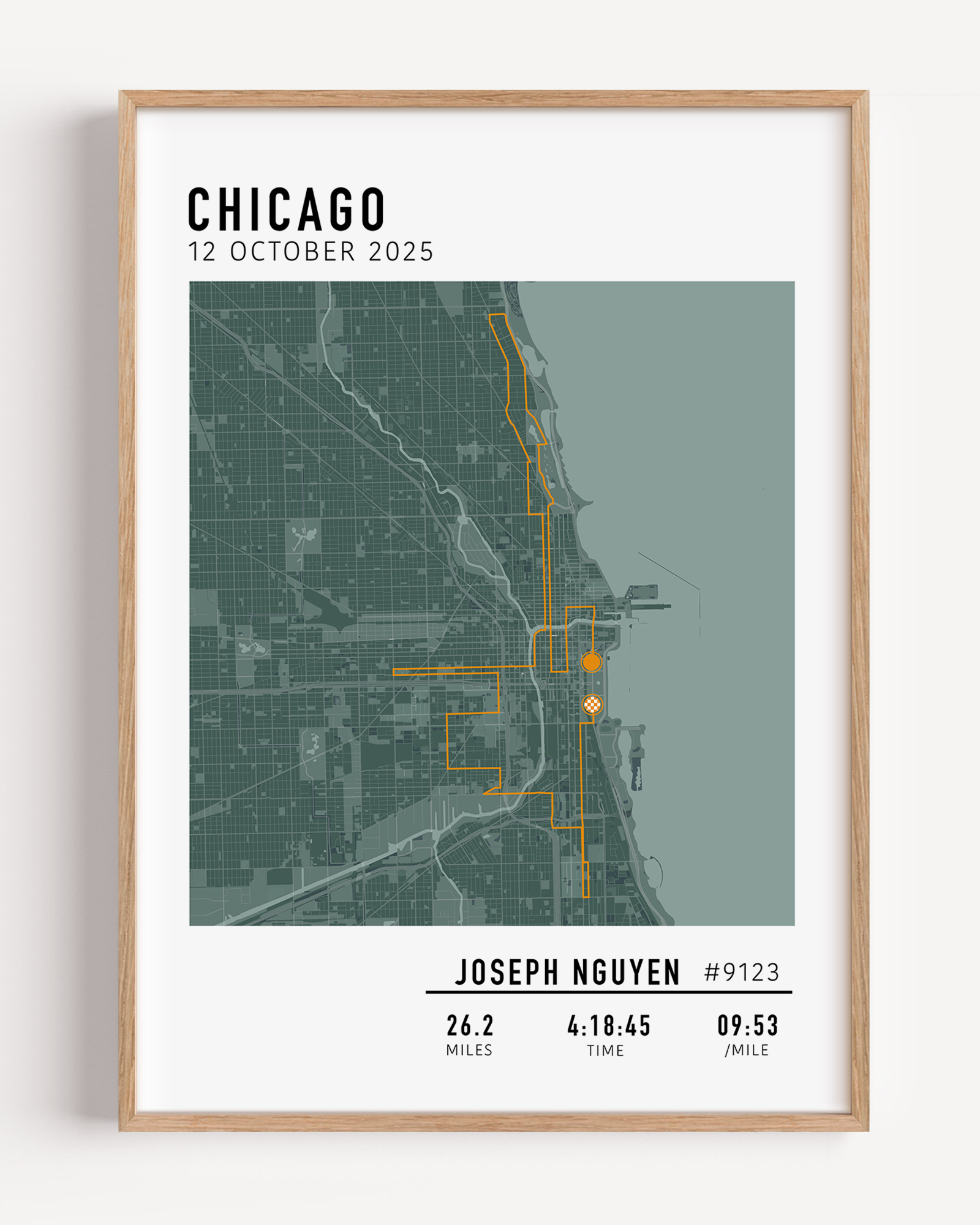 Custom Chicago Marathon map poster showcasing the iconic race route, personalized with GPX data. Ideal keepsake or Chicago Marathon route gift for finishers and runners to celebrate their race achievements.
