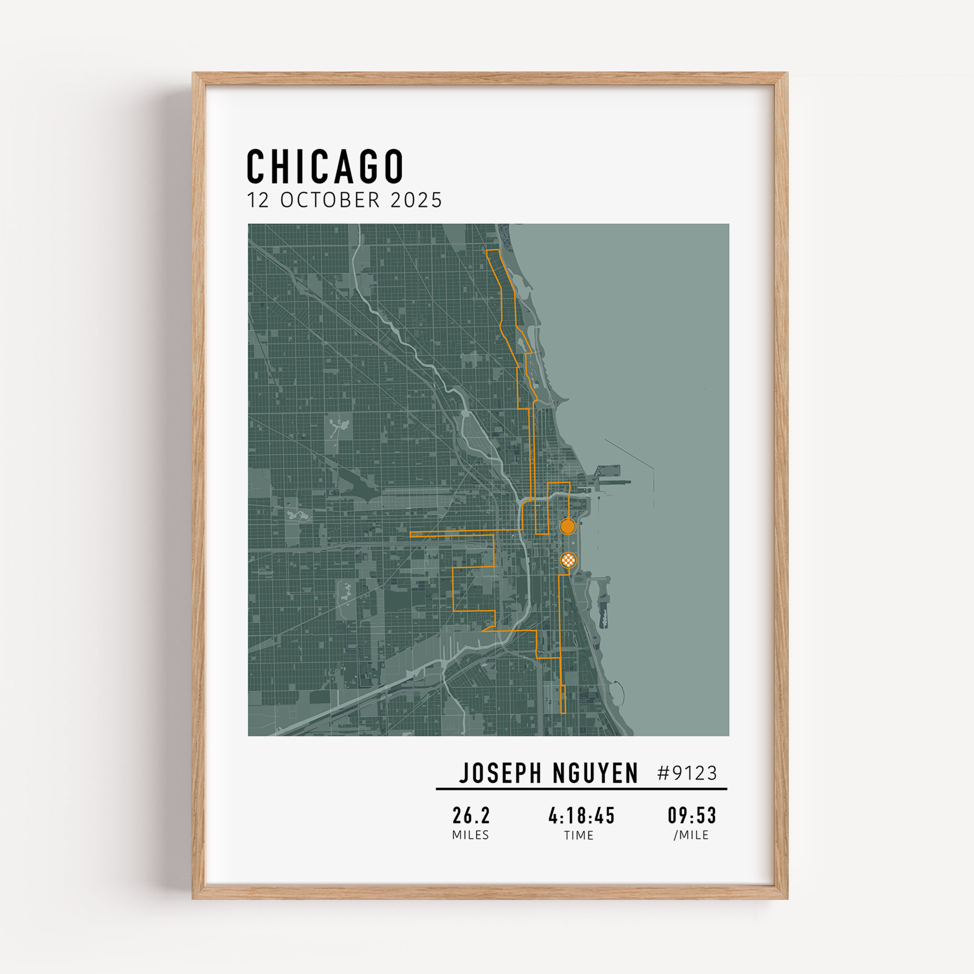 Custom Chicago Marathon map poster showcasing the iconic race route, personalized with GPX data. Ideal keepsake or Chicago Marathon route gift for finishers and runners to celebrate their race achievements.