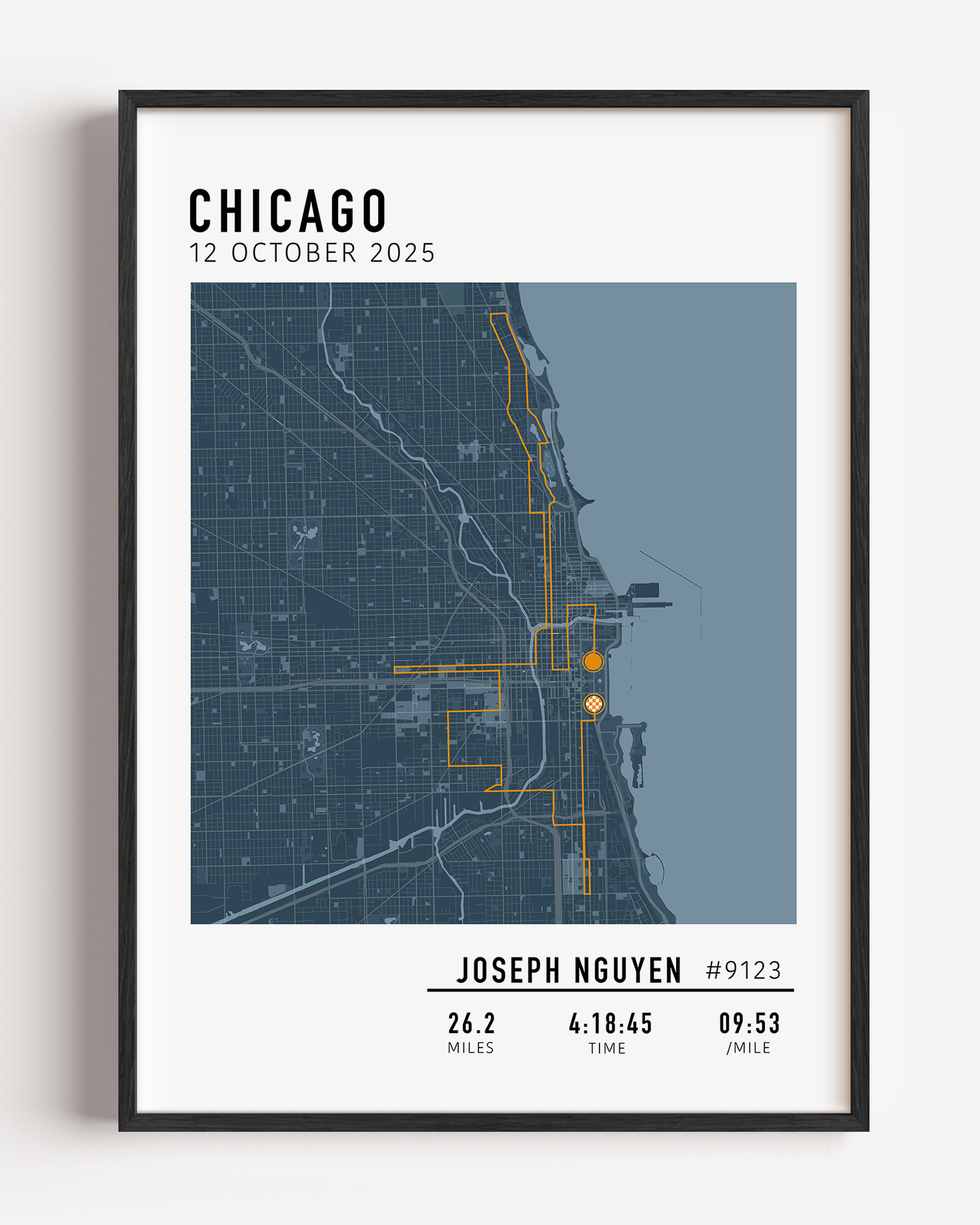 Custom Chicago Marathon map poster showcasing the iconic race route, personalized with GPX data. Ideal keepsake or Chicago Marathon route gift for finishers and runners to celebrate their race achievements.