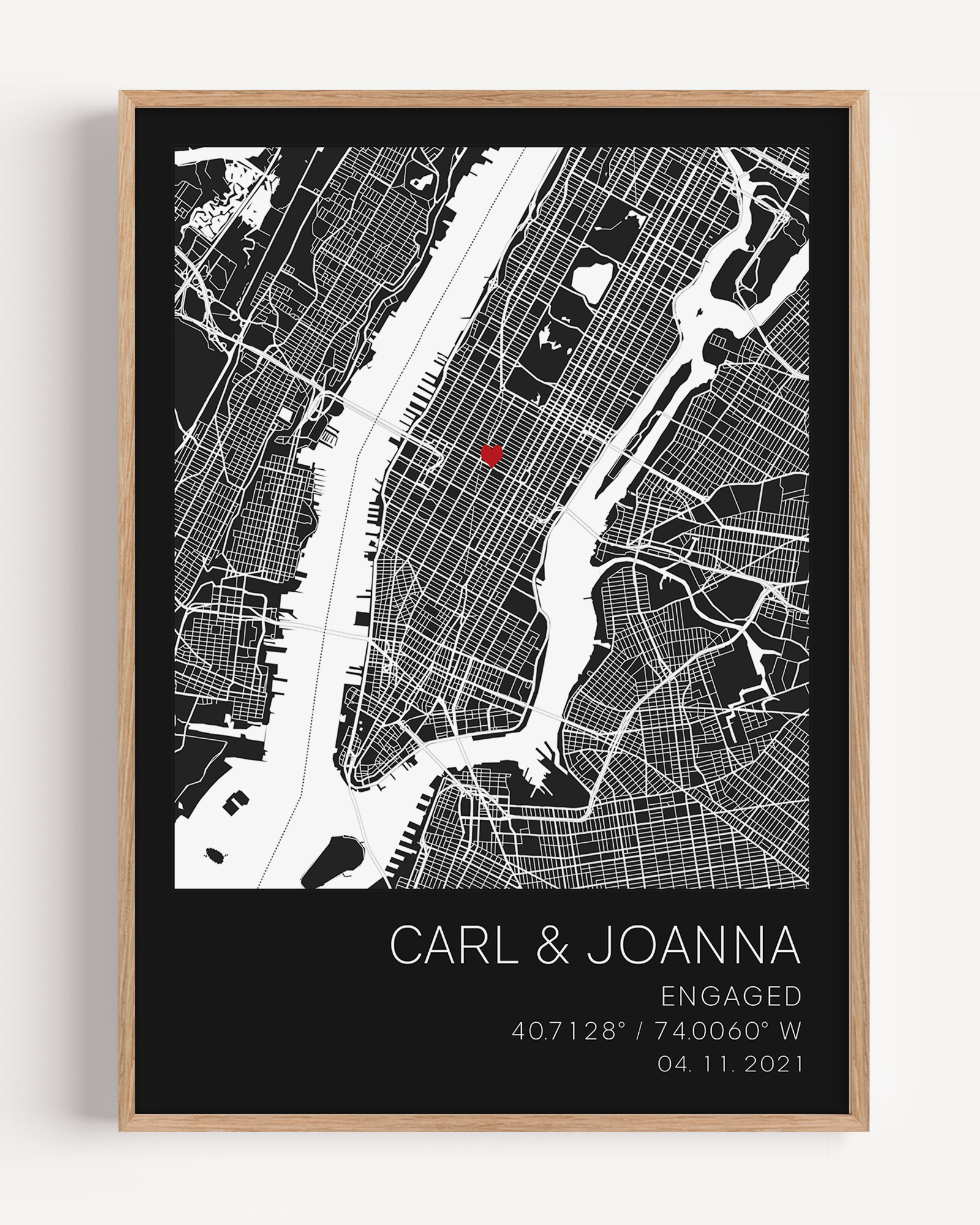 Custom engagement gift: modern city map print with red heart location marker, framed and personalized with names and proposal date in sleek typography