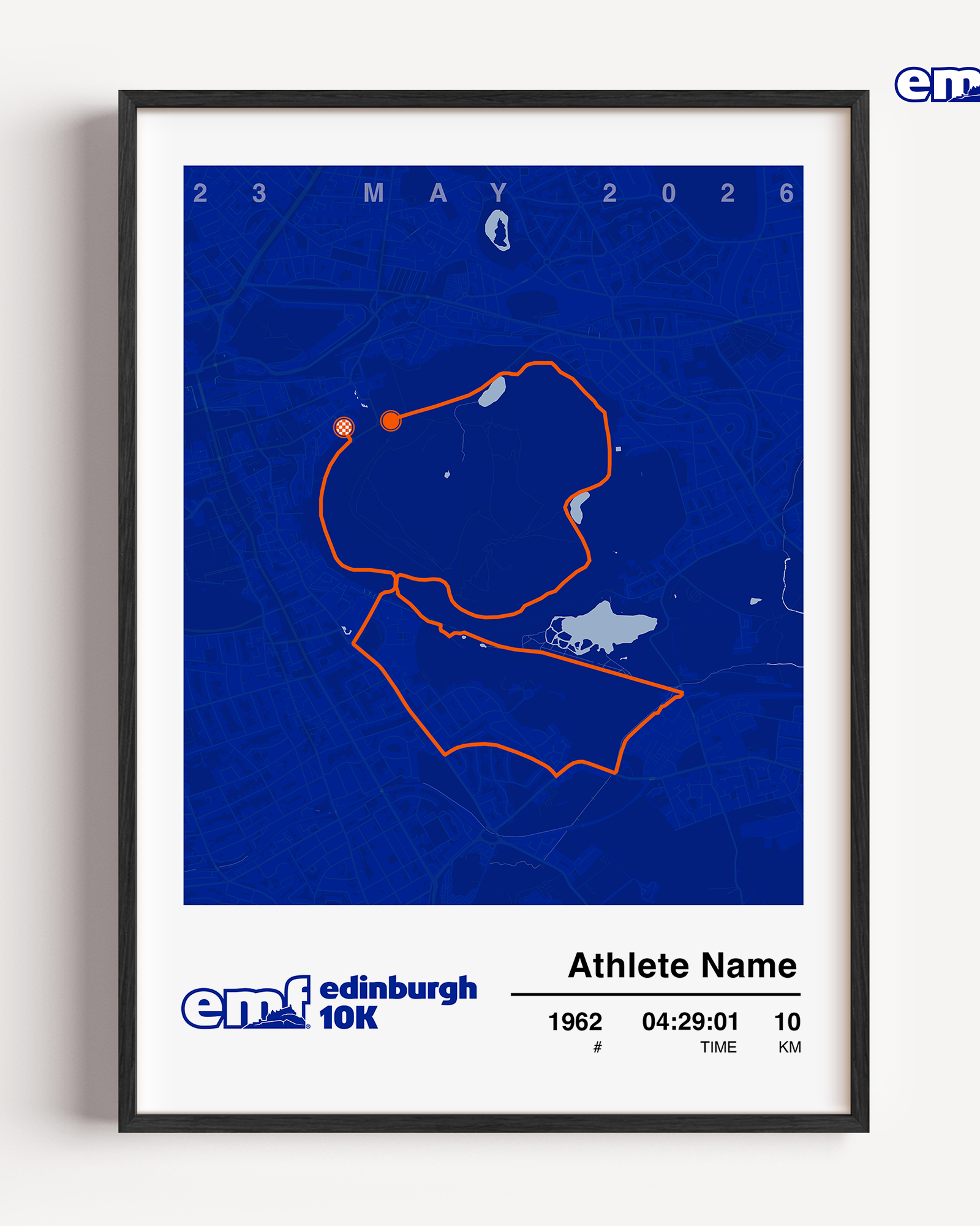 Official Edinburgh 10k commemorative print featuring a vibrant blue background and the official event logo, showcasing a detailed custom route map to celebrate your 10-kilometre achievement.