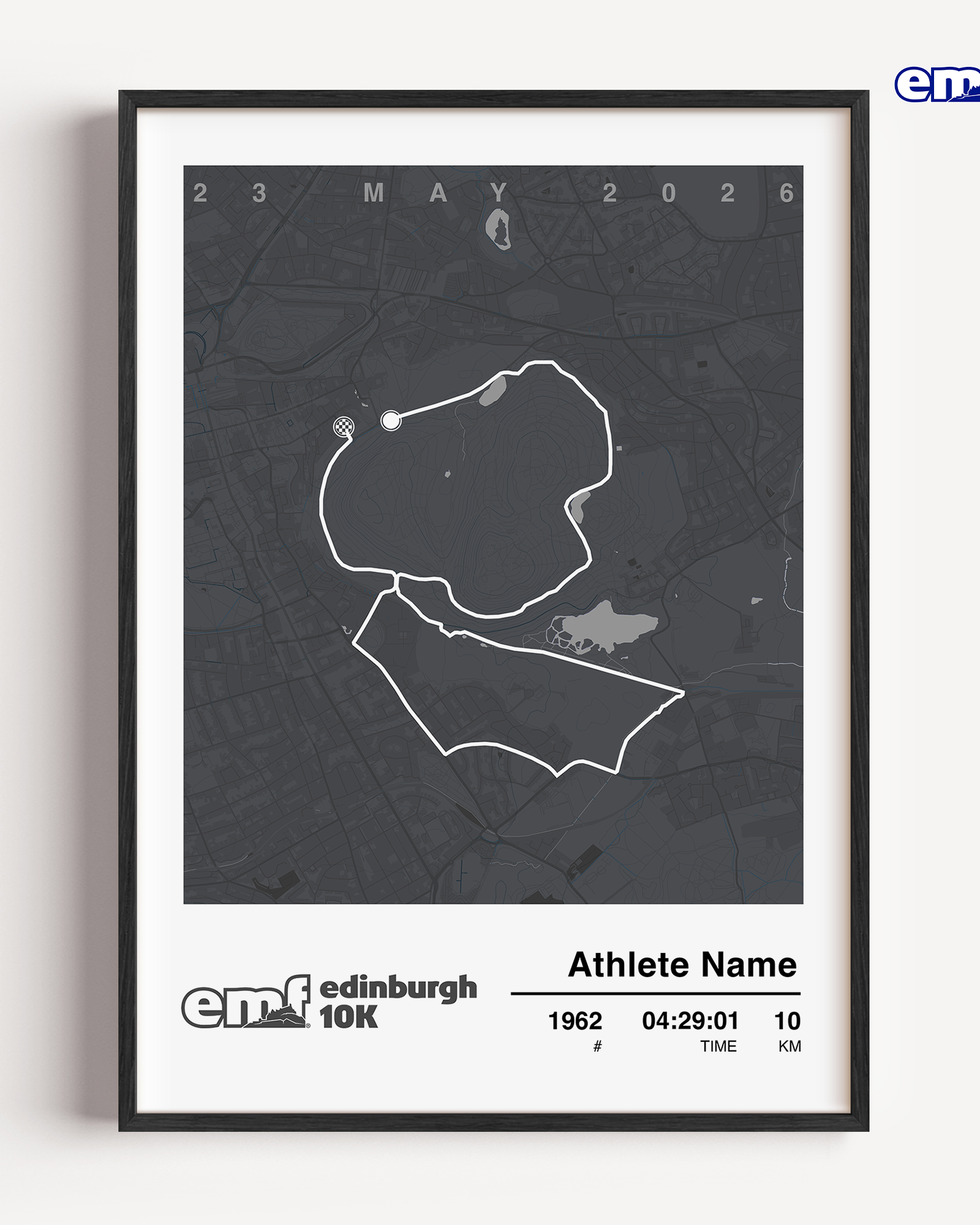 Sophisticated grey Edinburgh 10k custom print, an official merchandise piece featuring the race course map and official logo for a minimalist and modern milestone memento.