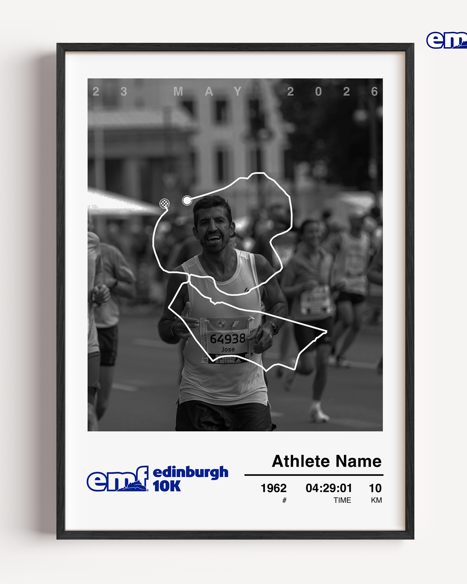 A stylish framed Edinburgh Marathon 10k memento featuring the race course map and a dedicated space for a personal finisher photo and race bib details.