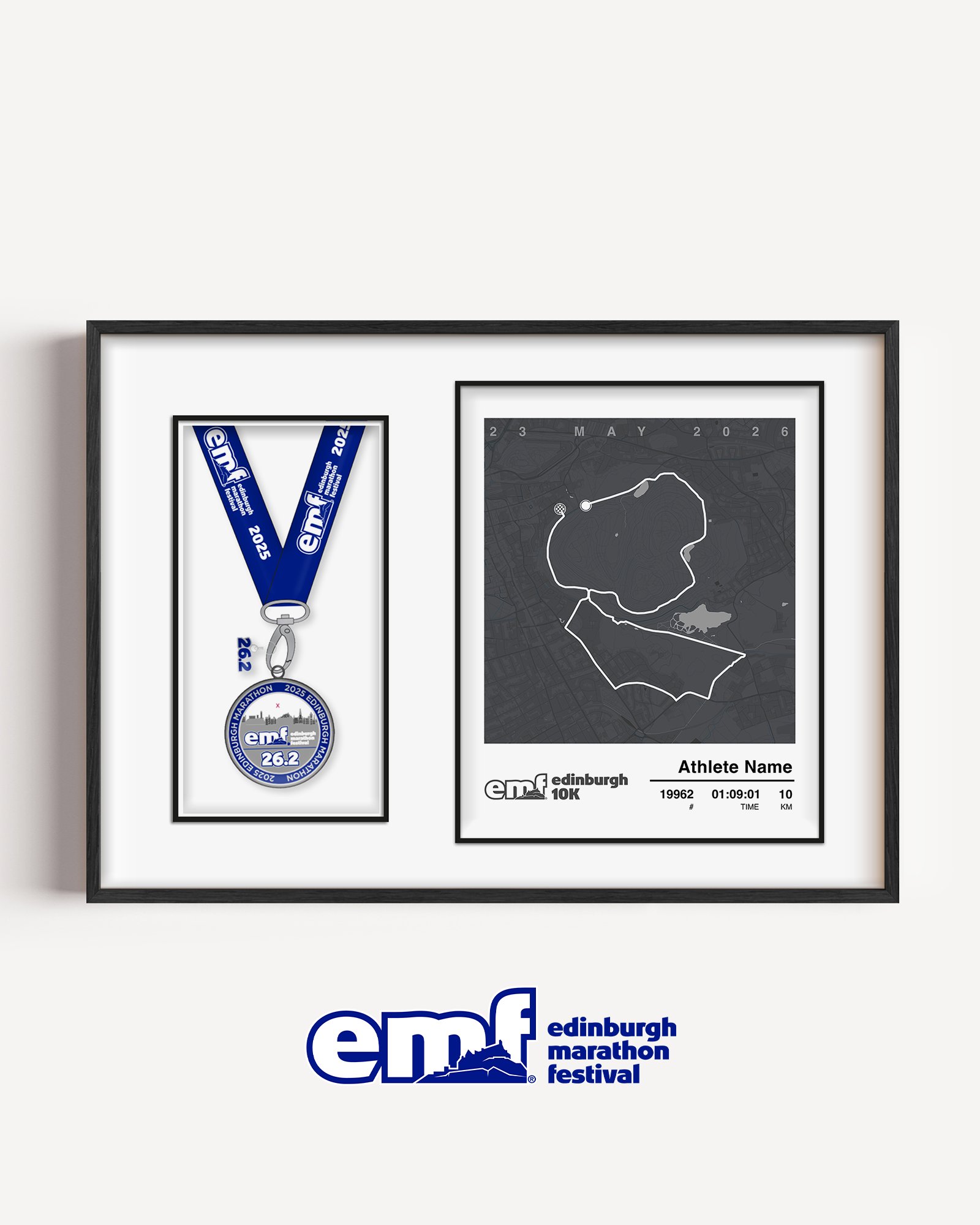 Official merchandise Edinburgh 10k medal frame featuring a sleek grey design, the official race logo, and a custom map alongside a precision-cut space for your 10k medal.