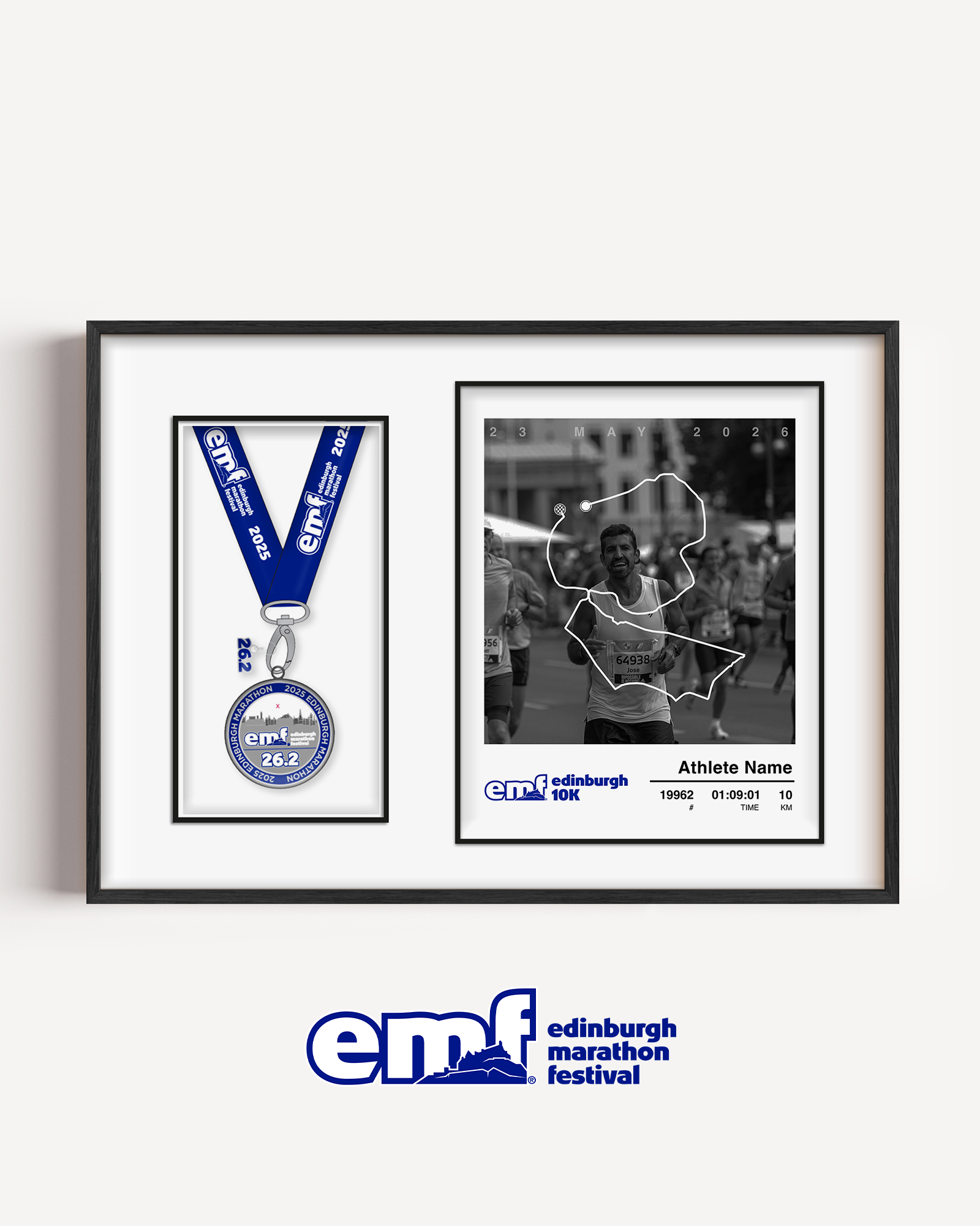 A sleek medal display frame designed for Edinburgh Marathon 10k finishers, combining a custom map photo print with secure mounting for the race medal.