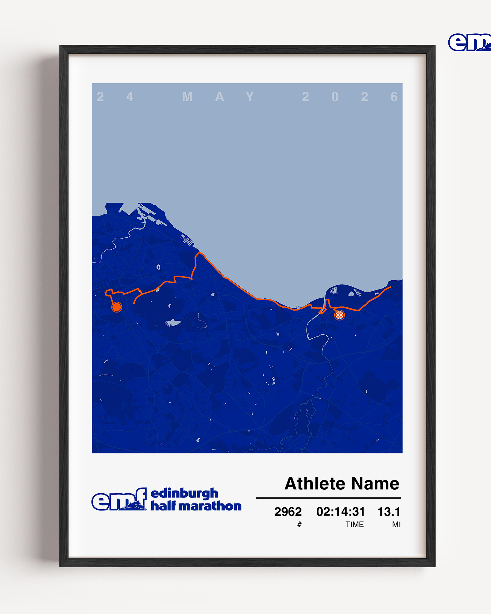 Official Edinburgh Half Marathon commemorative print featuring a vibrant blue background and the official event logo, showcasing a detailed custom route map to celebrate your 13.1-mile achievement.