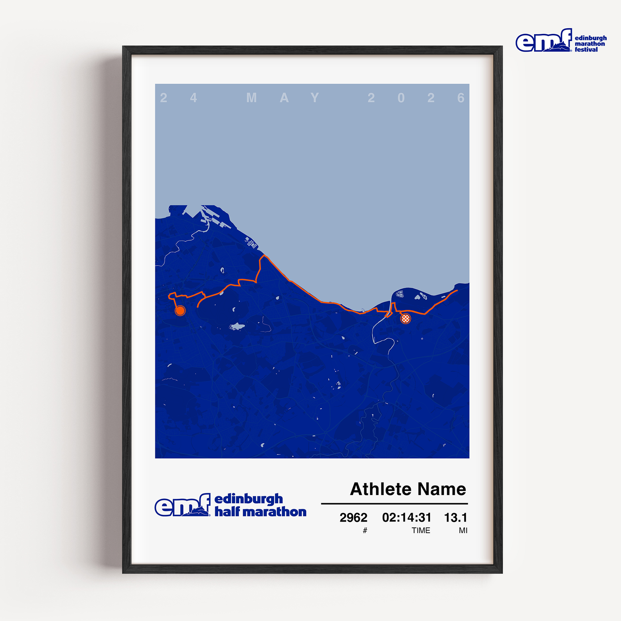 Official Edinburgh Half Marathon commemorative print featuring a vibrant blue background and the official event logo, showcasing a detailed custom route map to celebrate your 13.1-mile achievement.