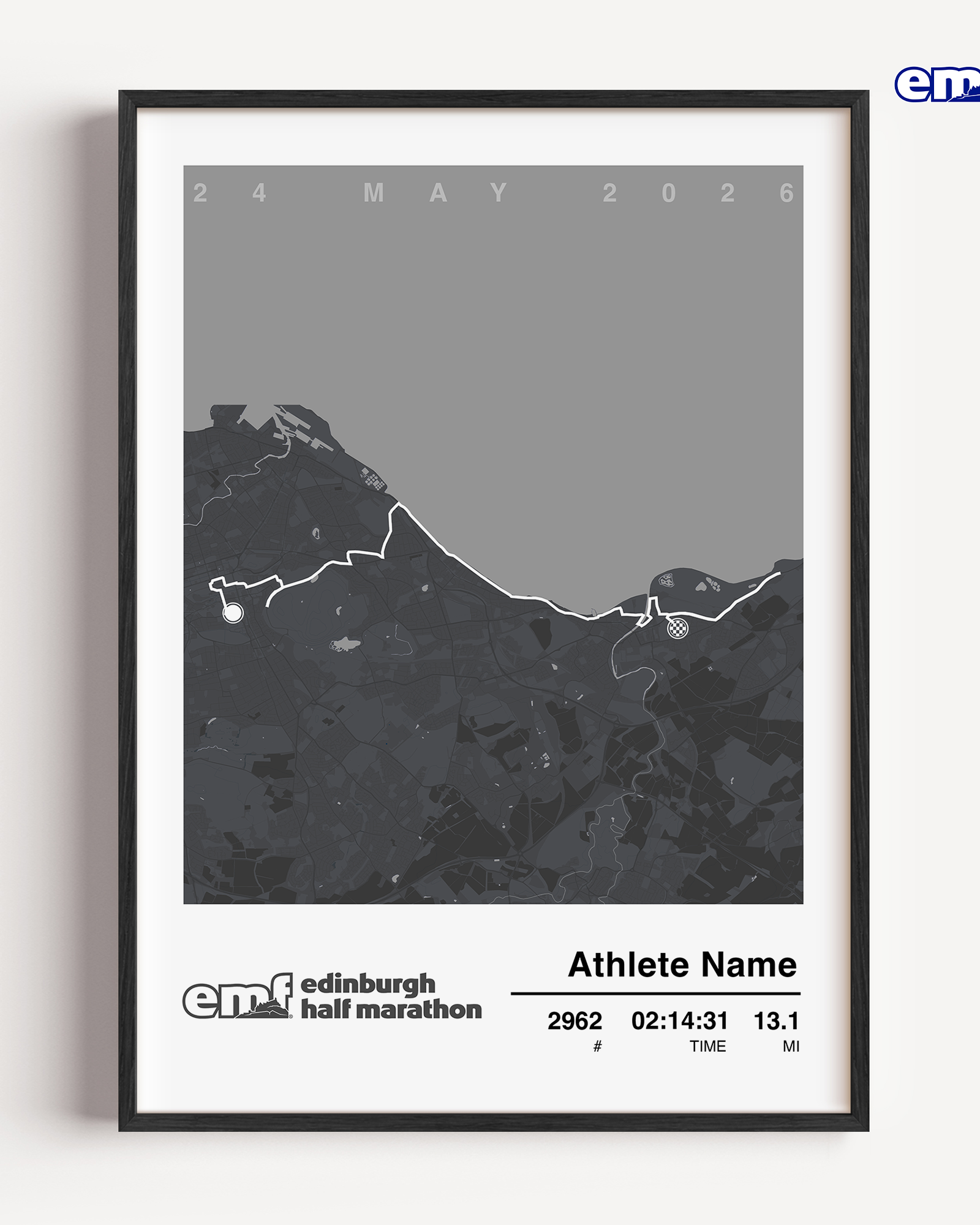 Sophisticated grey Edinburgh Half Marathon custom print, an official merchandise piece featuring the race course map and official logo for a minimalist and modern milestone memento.