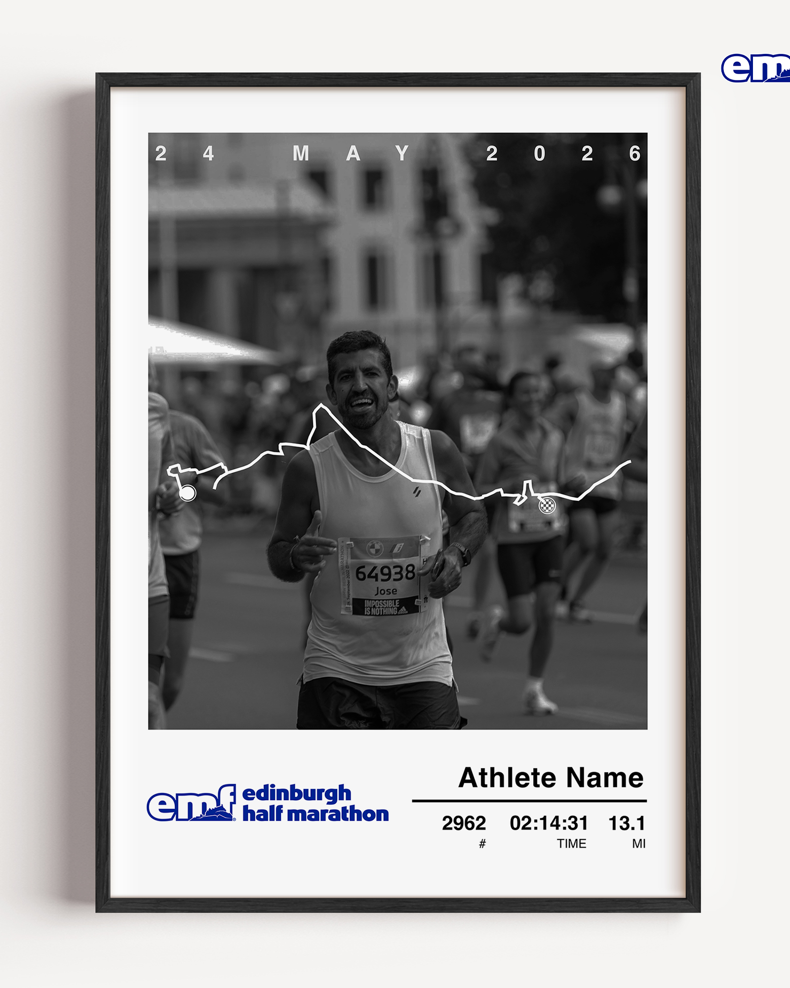 A personalised framed edinburgh marathon photo print displaying the 21.1km course route from the city centre to Musselburgh, including a custom finisher photo and runner statistics.