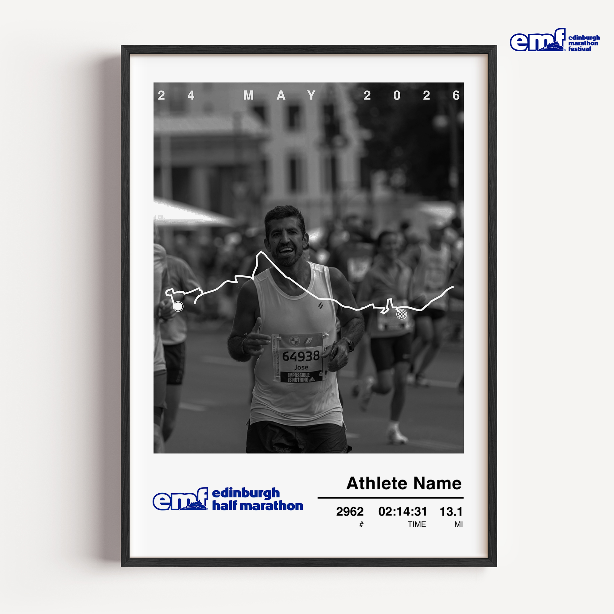 A personalised framed edinburgh marathon photo print displaying the 21.1km course route from the city centre to Musselburgh, including a custom finisher photo and runner statistics.