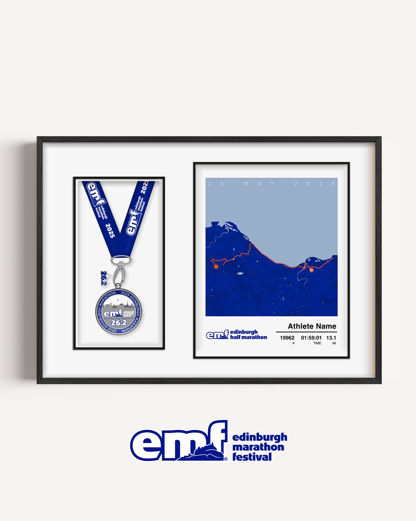 Official Edinburgh Half Marathon medal display frame with a blue background and official logo, designed with a custom route map and a dedicated aperture to mount your finisher's medal.