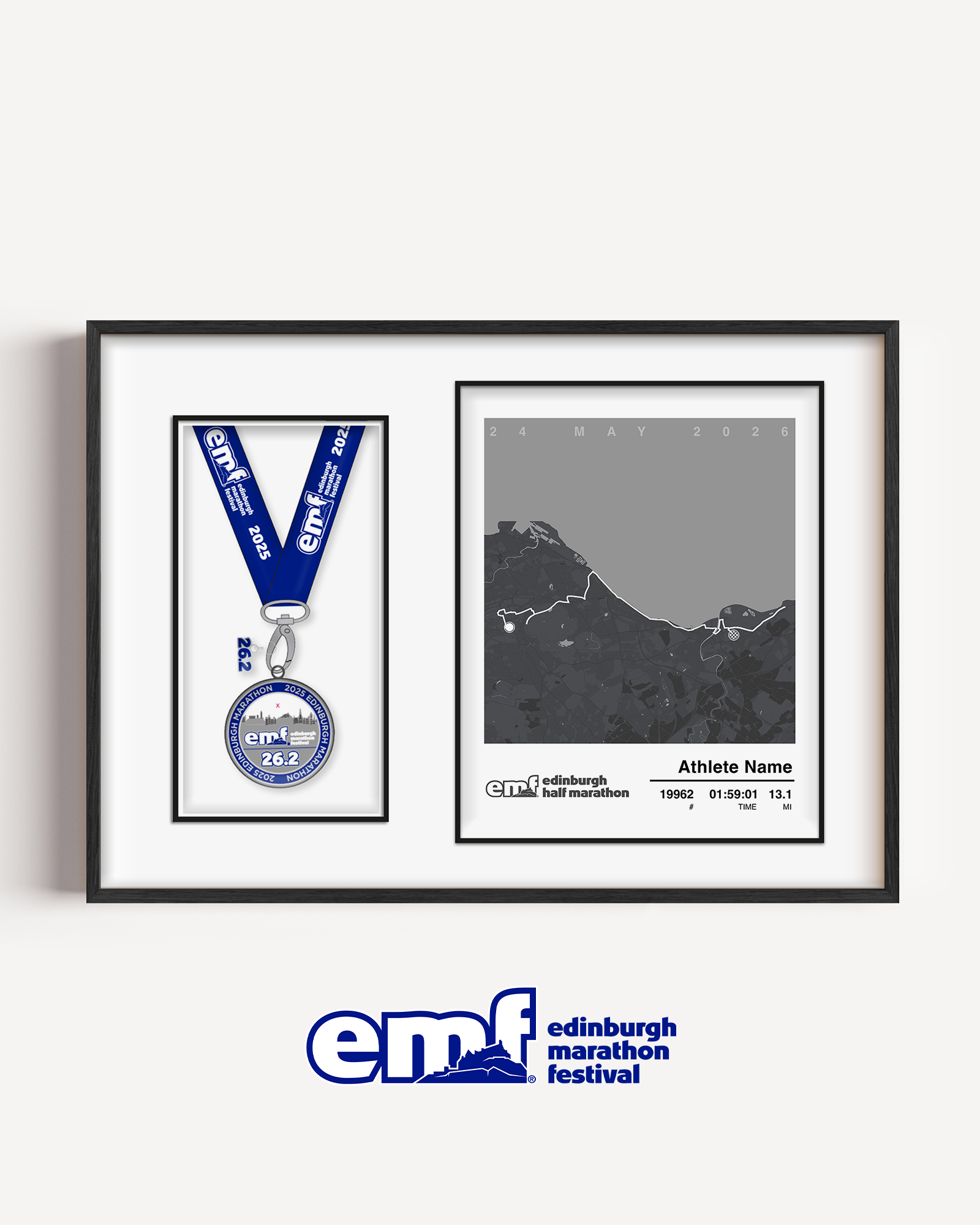 Official merchandise Edinburgh Half Marathon medal frame featuring a sleek grey design, the official race logo, and a custom map alongside a precision-cut space for your half marathon medal.