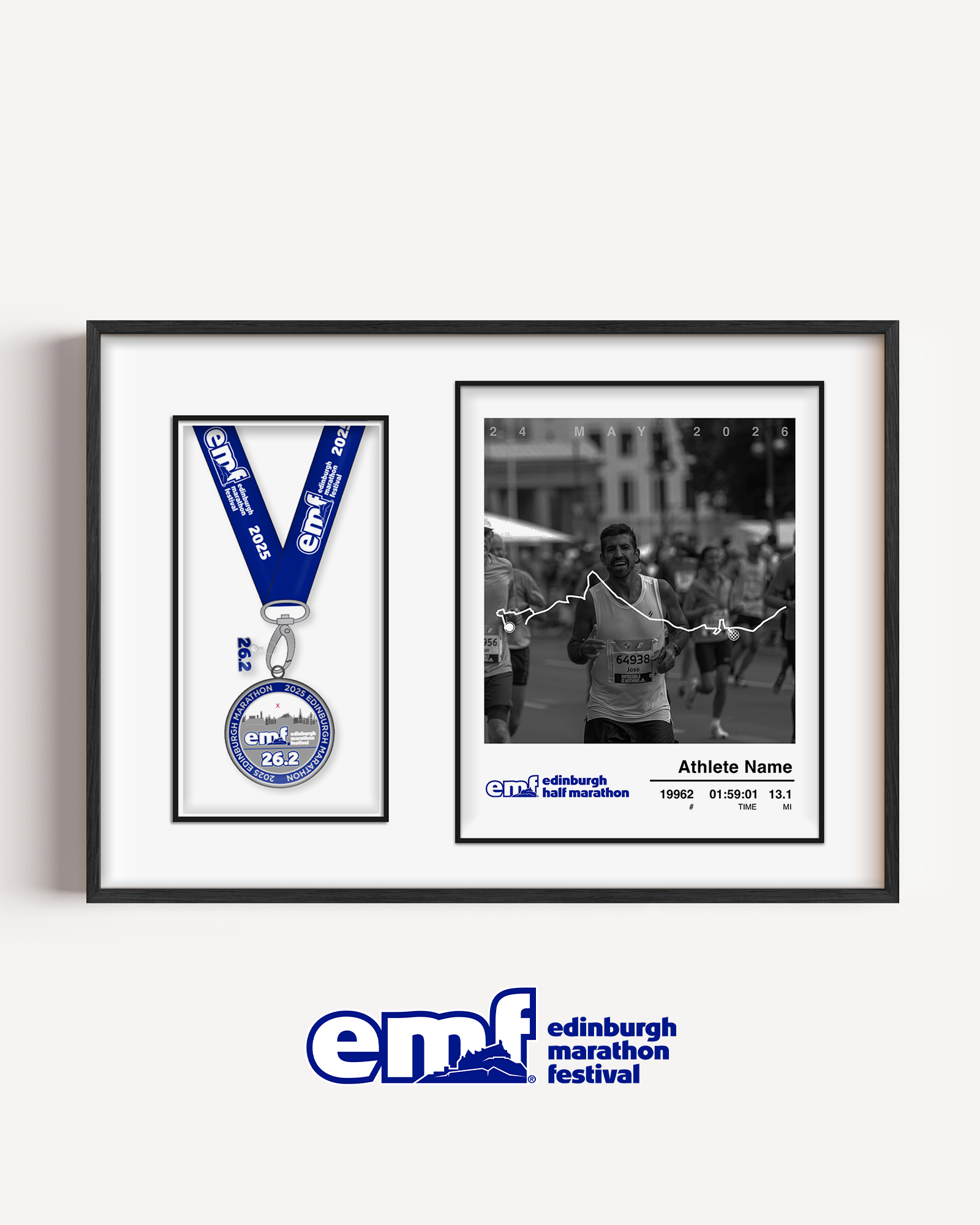 An EMF medal display frame featuring a personalised half marathon photo print alongside a dedicated slot to showcase the official finisher medal.