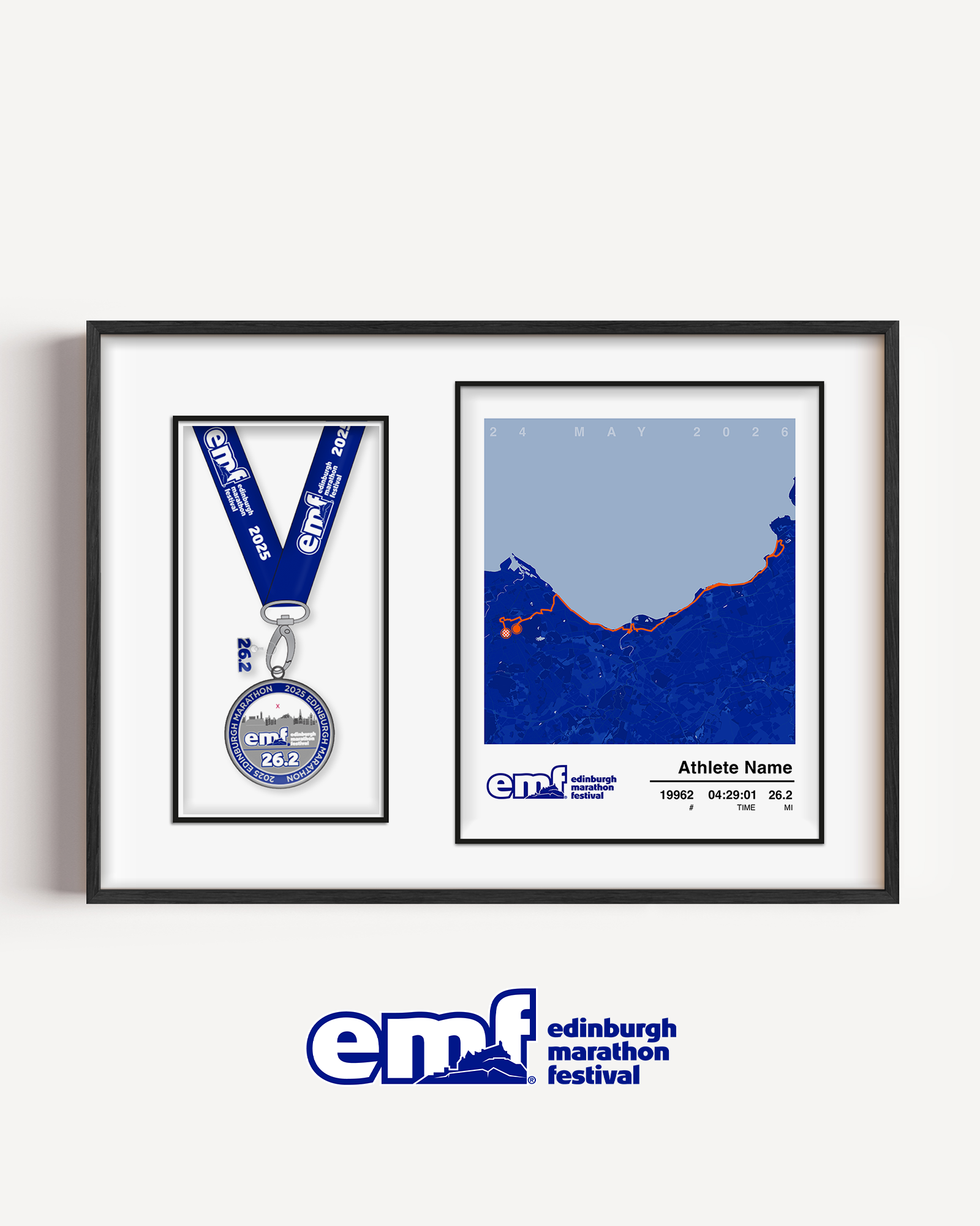 Official Edinburgh Marathon medal display frame with a blue background and official logo, designed with a custom route map and a dedicated aperture to mount your finisher's medal.