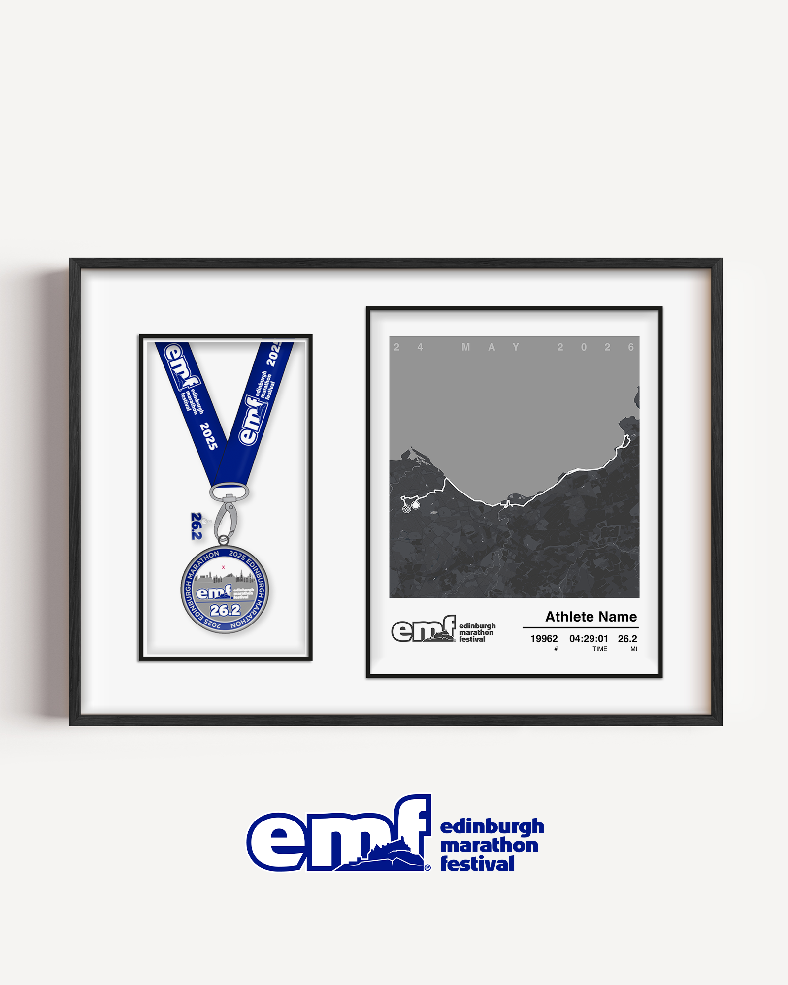 Official merchandise Edinburgh Marathon medal frame featuring a sleek grey design, the official race logo, and a custom map alongside a precision-cut space for your medal.