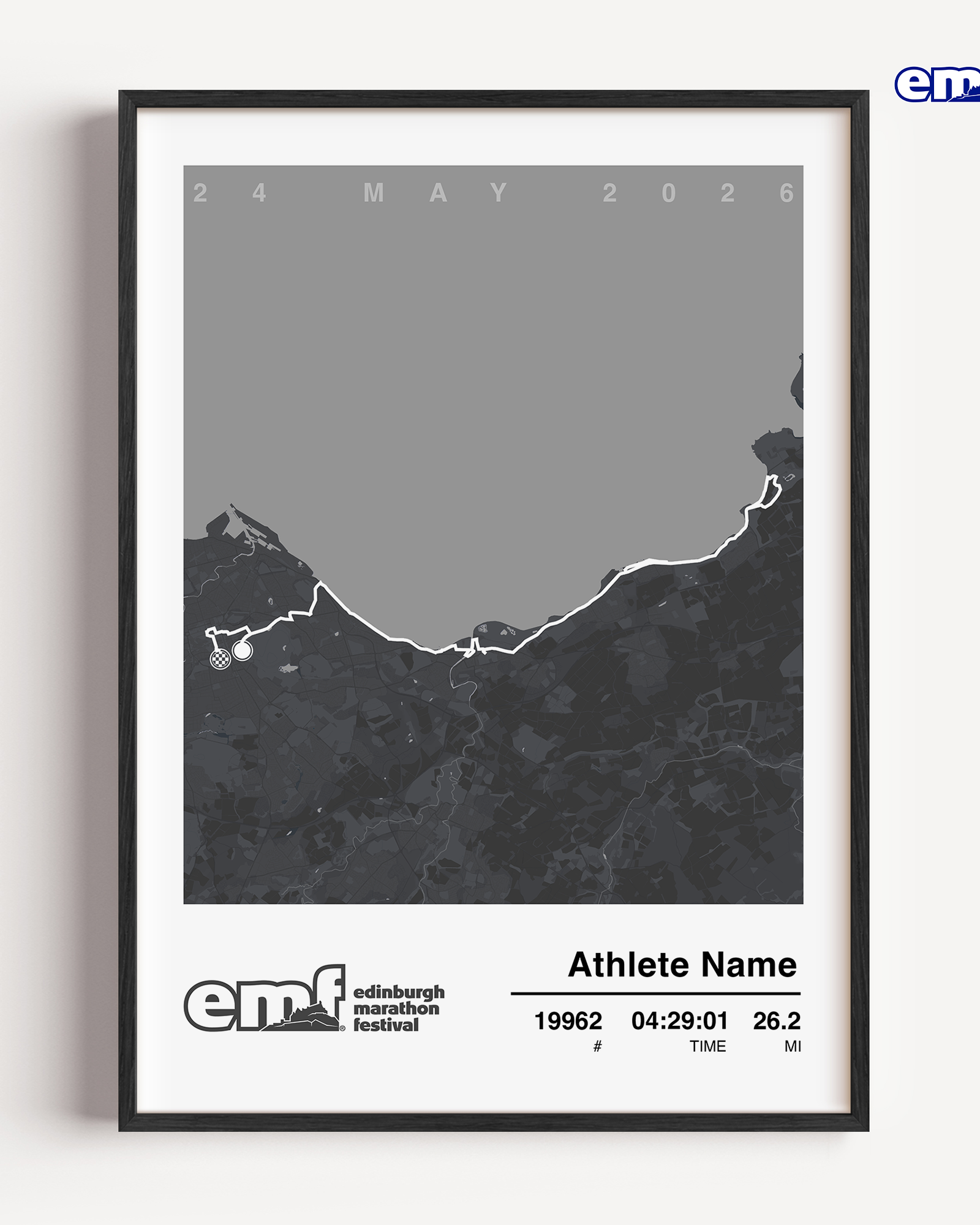 Sophisticated grey Edinburgh Marathon custom print, an official merchandise piece showcasing the race course and official logo for a minimalist milestone memento.