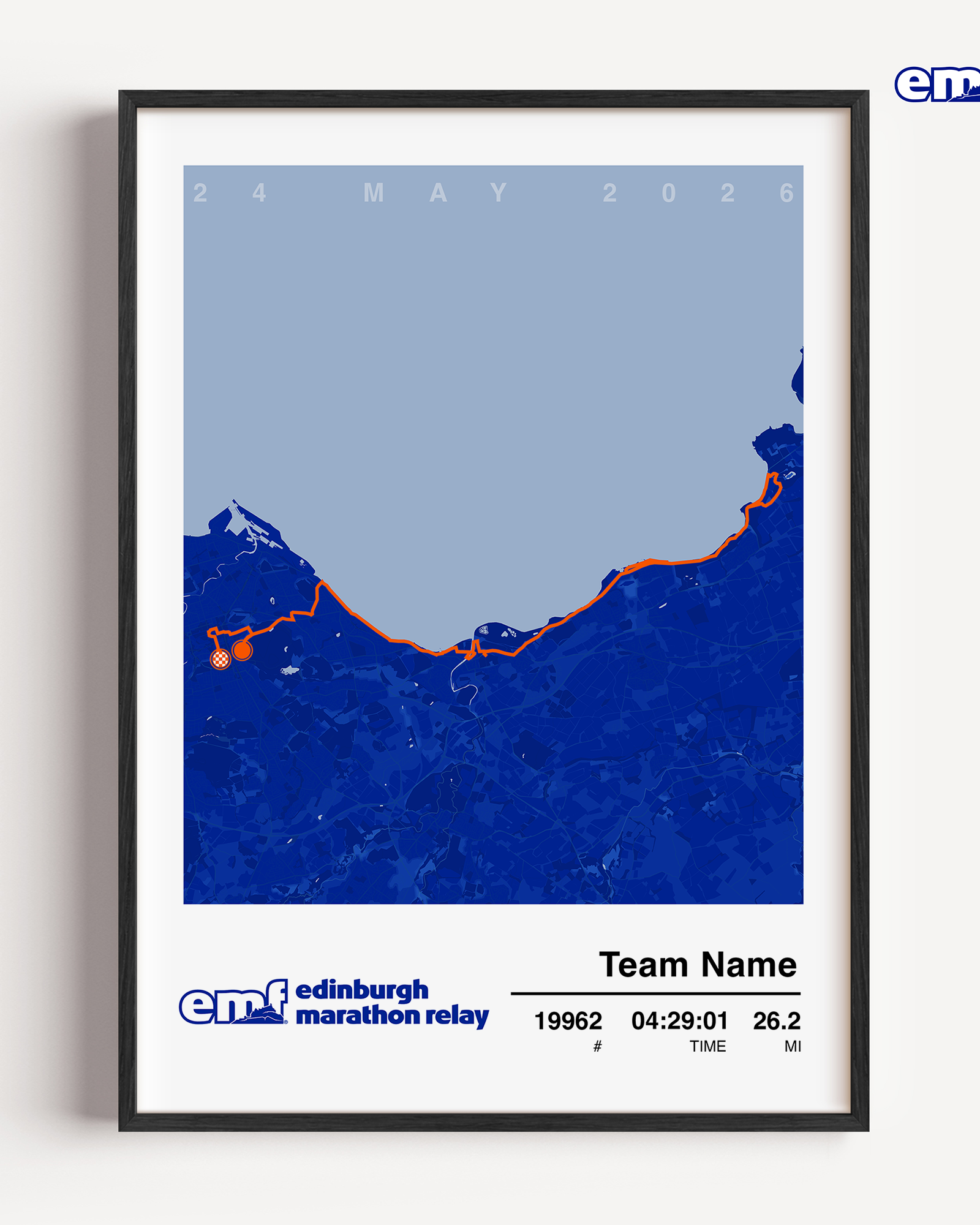 Official Edinburgh Marathon Relay custom artwork with a blue background and official logo, celebrating team success with a detailed map of the relay course.