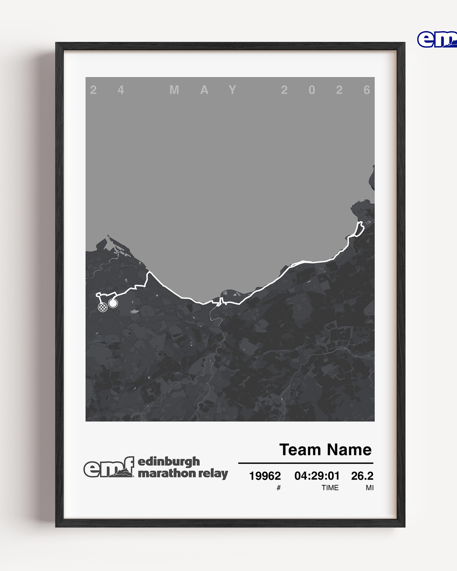 Official Edinburgh Marathon Relay commemorative print in grey, featuring the official event branding and a custom map of the relay route for a timeless team keepsake.