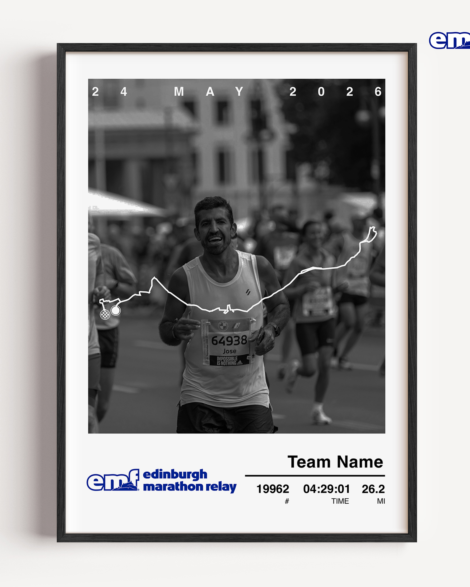 edinburgh marathon relay official print 2026 with finisher photo eaturing a detailed map of the 42.2km Edinburgh Marathon route, a personal race-day photograph, and the participant's official finish time and name.
