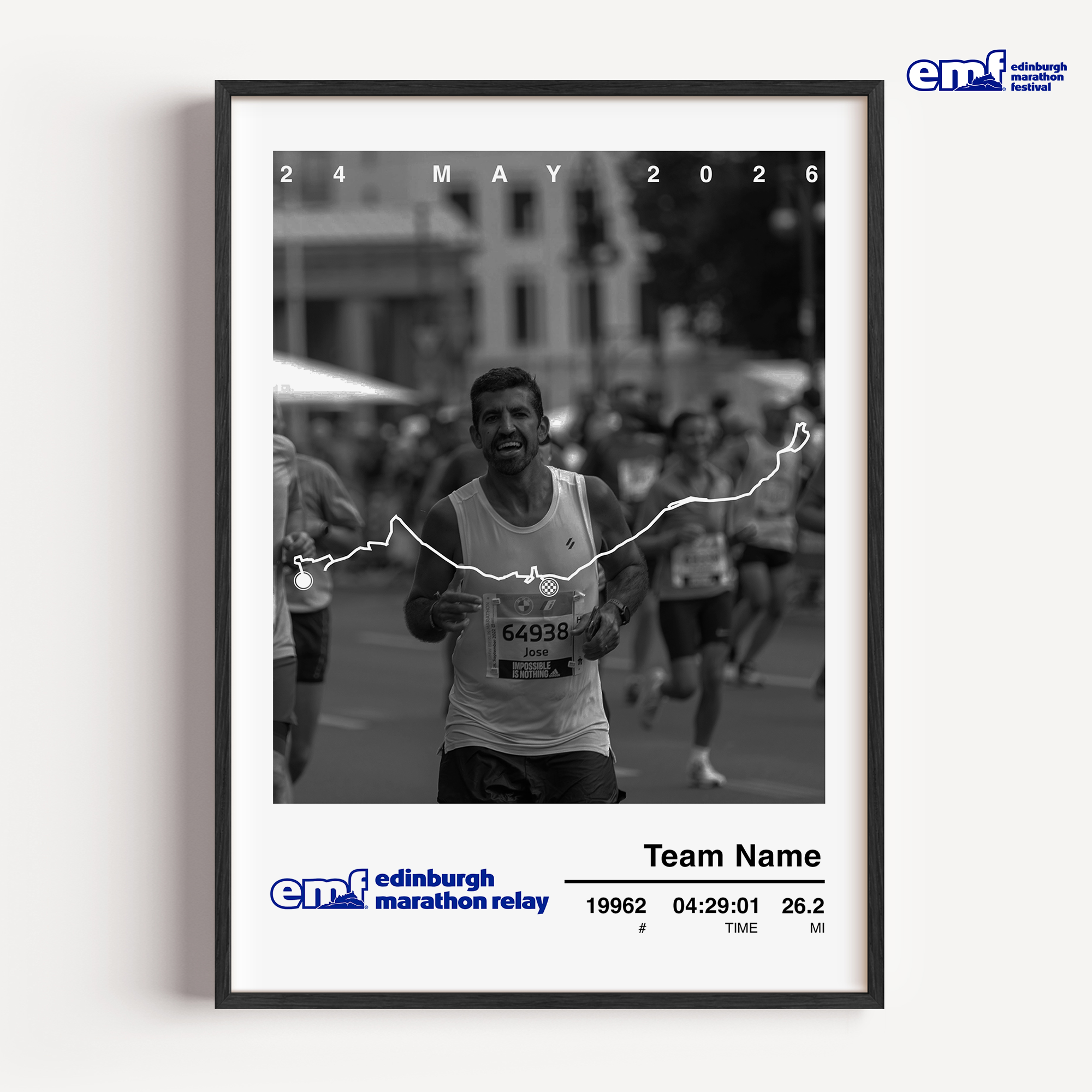 edinburgh marathon relay official print 2026 with finisher photo eaturing a detailed map of the 42.2km Edinburgh Marathon route, a personal race-day photograph, and the participant's official finish time and name.