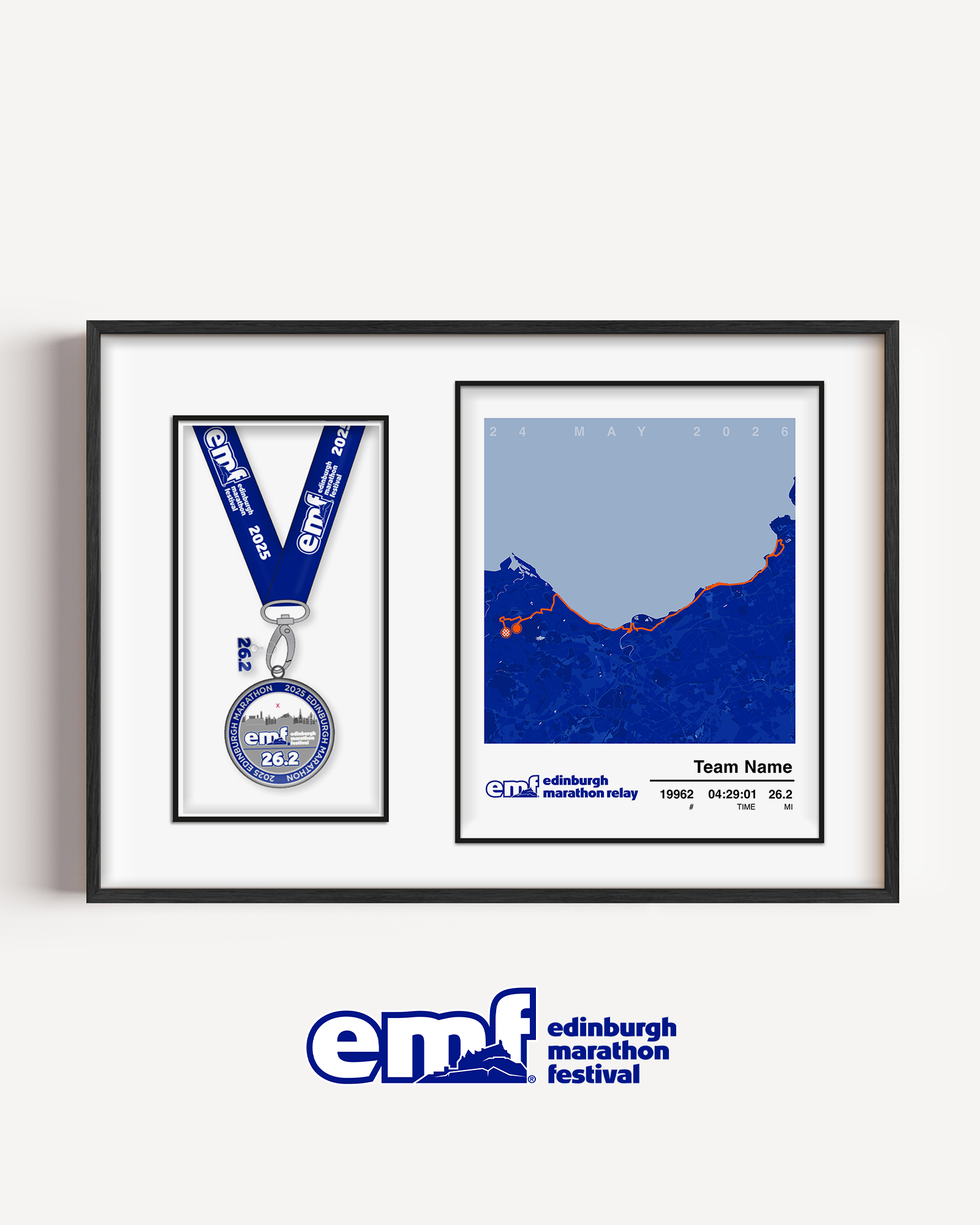 Official Edinburgh Marathon Relay medal display frame with a blue background and official logo, featuring a custom relay route map and a specific cutout for your team medal.