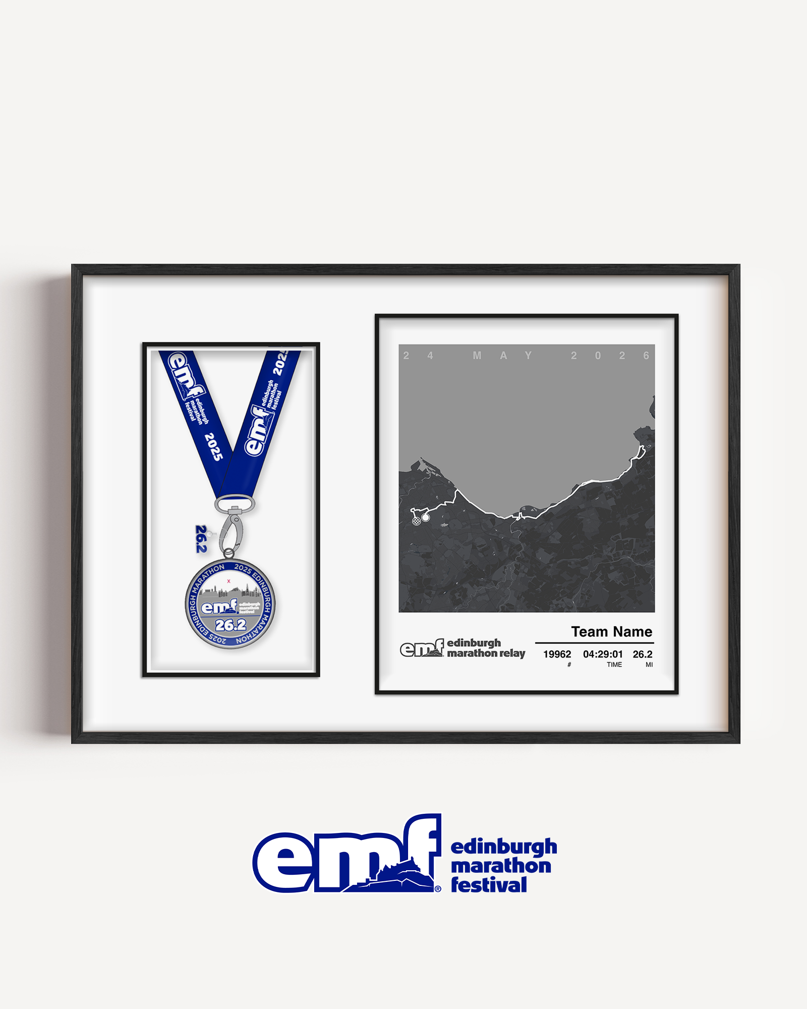 Official merchandise Edinburgh Marathon Relay medal frame in grey, showcasing the official logo and relay course map with a dedicated space to display your finisher's medal.