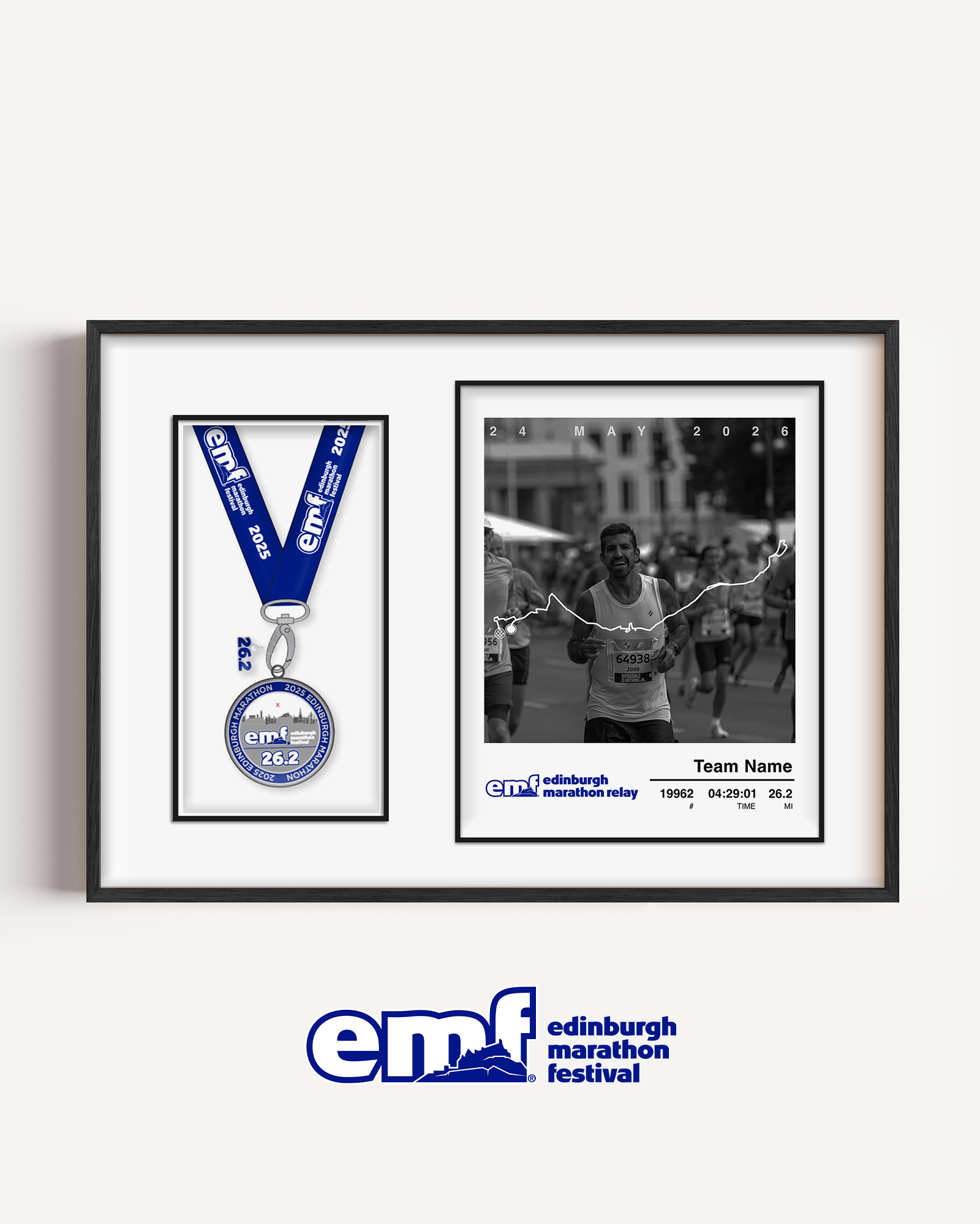 A premium EMF medal display frame with a dual-mount design holding a custom marathon photo print and a physical finisher medal in a precision-cut aperture.