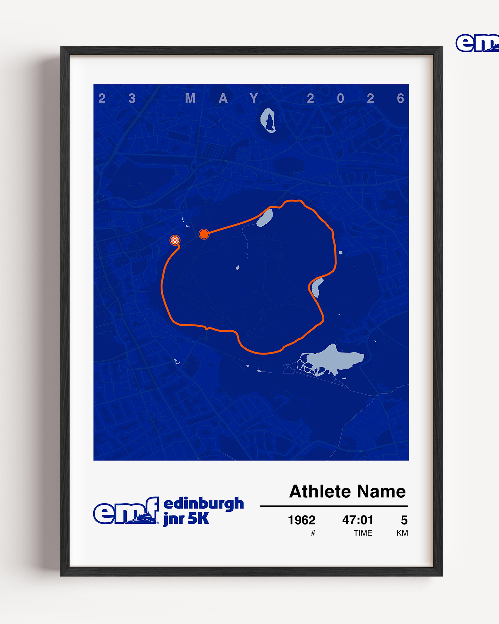 Official Edinburgh 5k commemorative print with a blue background and official event logo, featuring a detailed custom map of the 5k route to celebrate your speed and success.