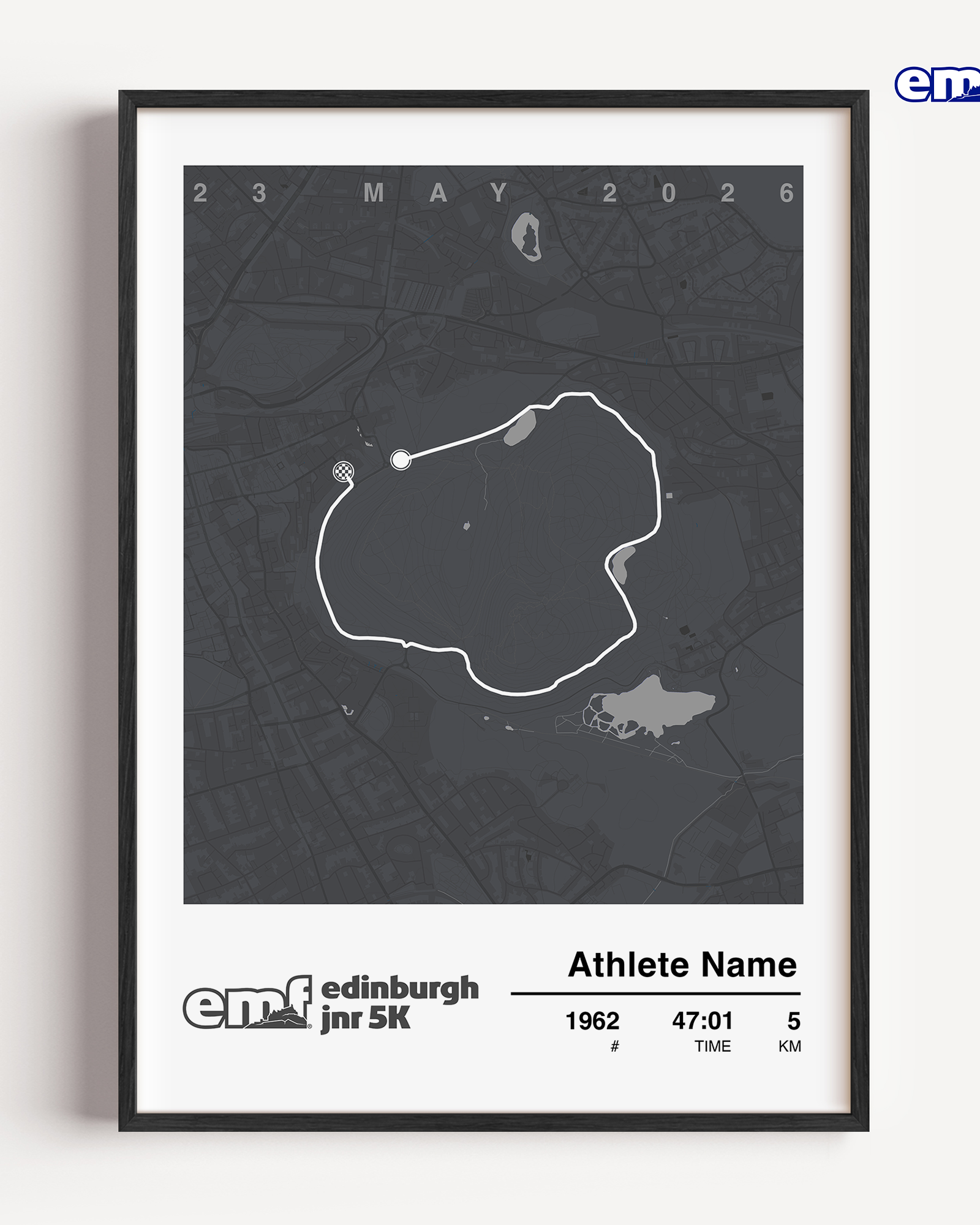 Official merchandise Edinburgh 5k custom print in a sophisticated grey, showcasing the official race branding and a custom map of the 5k course for a timeless keepsake.