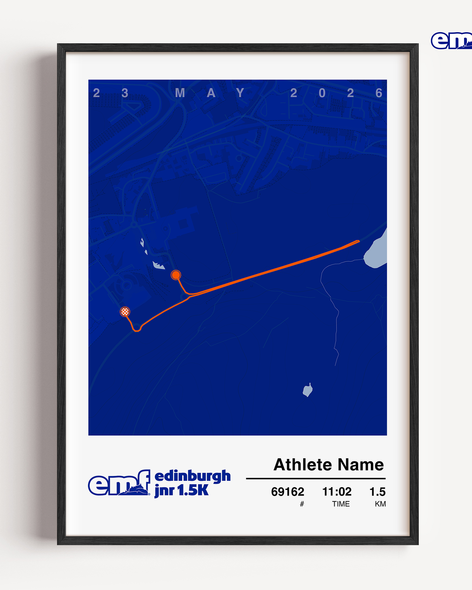 Official Edinburgh Marathon Junior 1.5k commemorative print featuring a vibrant blue background and the official event logo, showcasing a detailed custom route map to celebrate their fantastic running achievement.