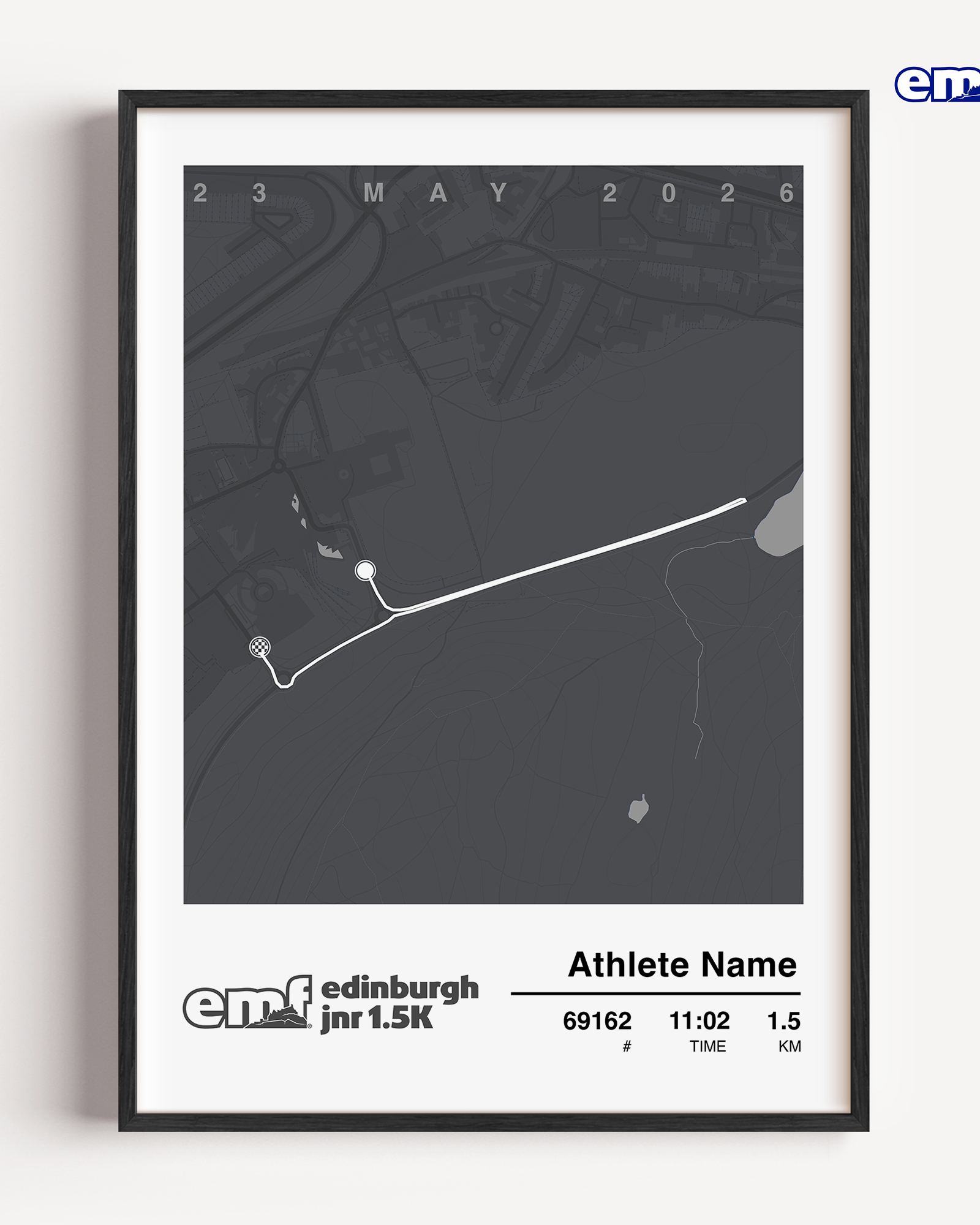 Sophisticated grey Edinburgh Marathon Junior 1.5k custom print, an official merchandise piece featuring the race course map and official logo for a minimalist and modern milestone memento.
