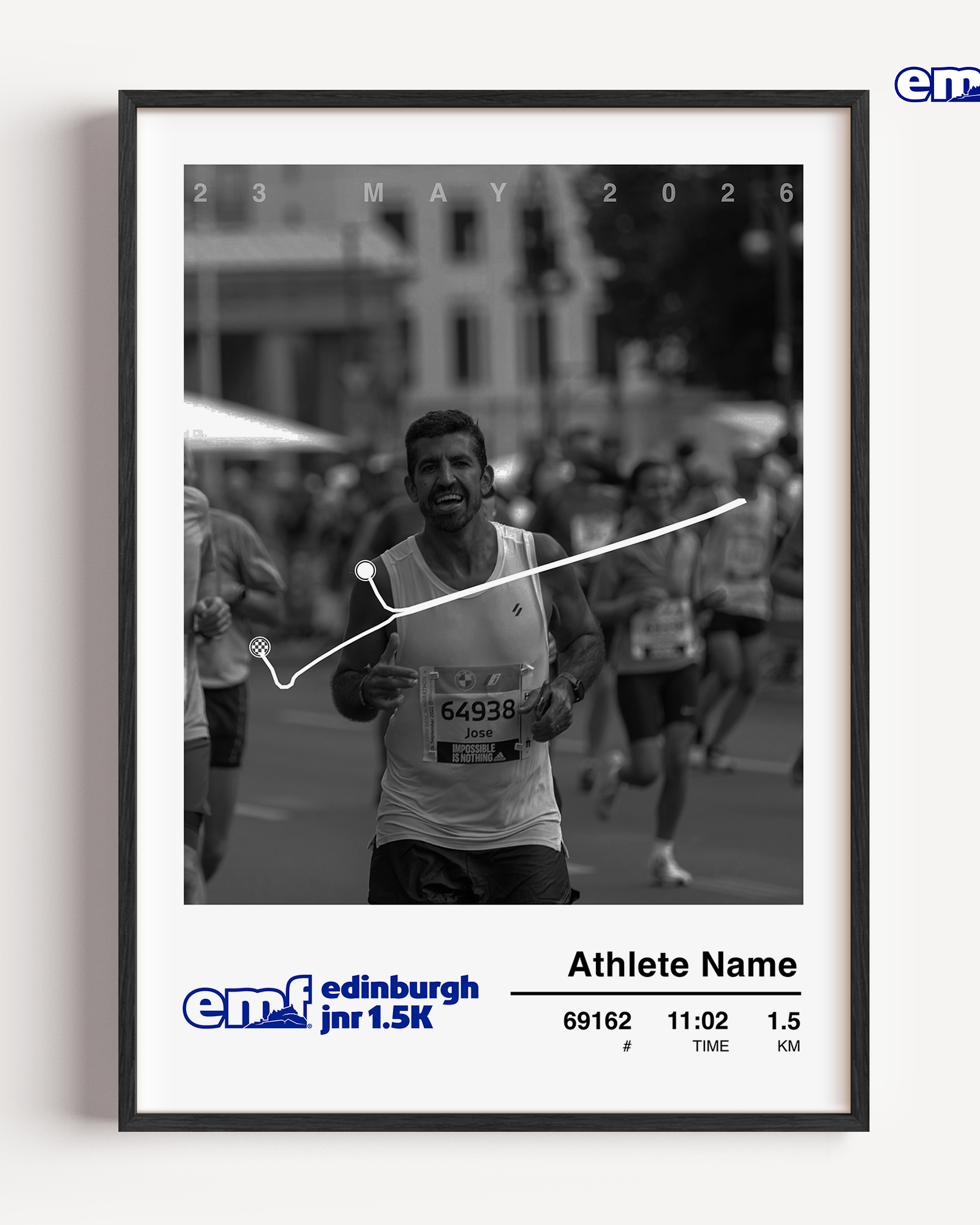 A vibrant framed Edinburgh Marathon photo print celebrating a junior runner’s 1.5km achievement with the event course map, a race photo and personalised finish details.