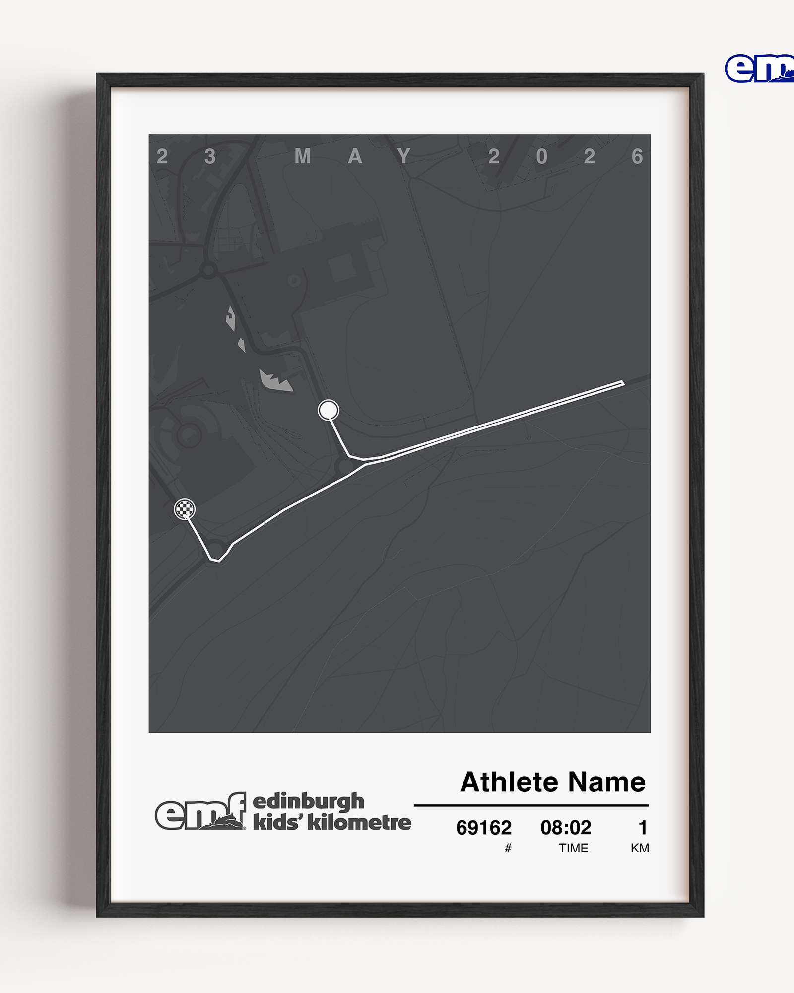 Minimalist grey Edinburgh Marathon Kids' 1km custom print, an official merchandise piece featuring the race course map and official logo, perfect for a modern nursery or bedroom wall.