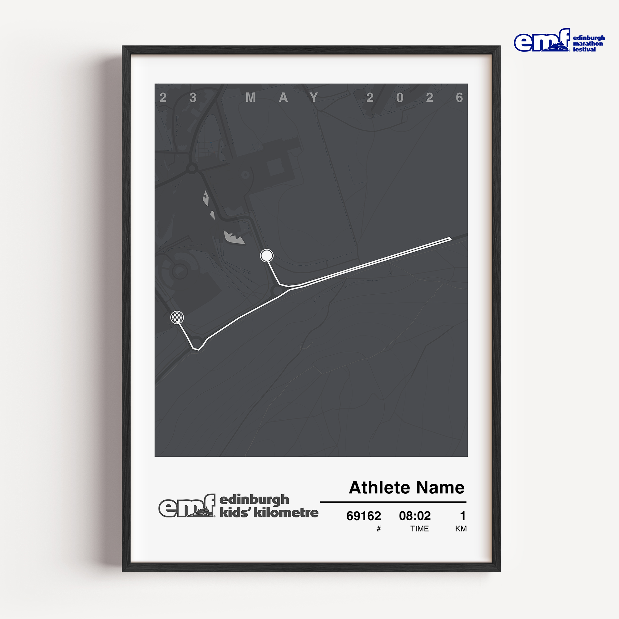 Minimalist grey Edinburgh Marathon Kids' 1km custom print, an official merchandise piece featuring the race course map and official logo, perfect for a modern nursery or bedroom wall.