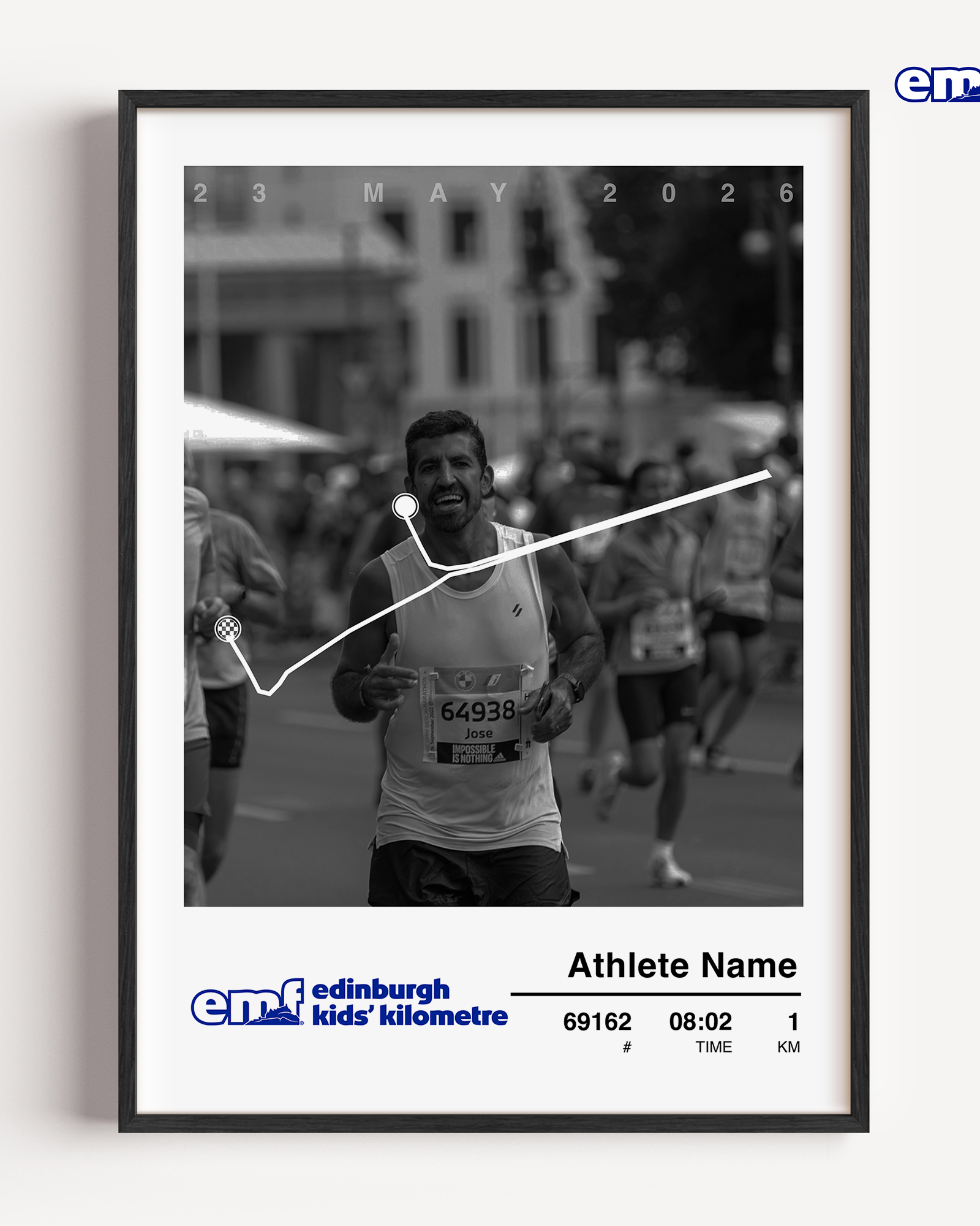 A commemorative framed Edinburgh Marathon photo print designed for younger runners, showcasing their personal photo and the Kids Kilometre event map.