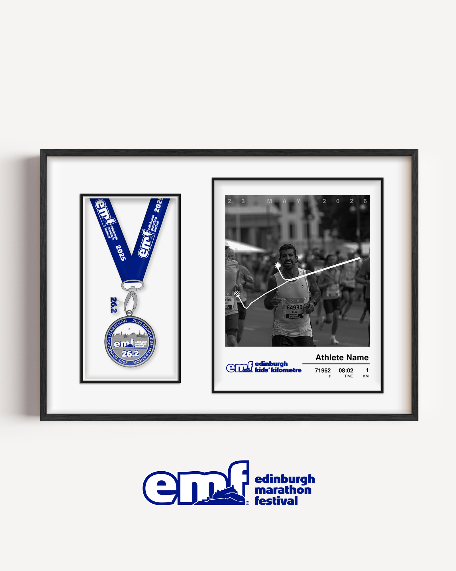 A commemorative Edinburgh Marathon medal display frame for the Kids Kilometre, featuring the official course design, a personal photo and a custom fit for the finisher medal.