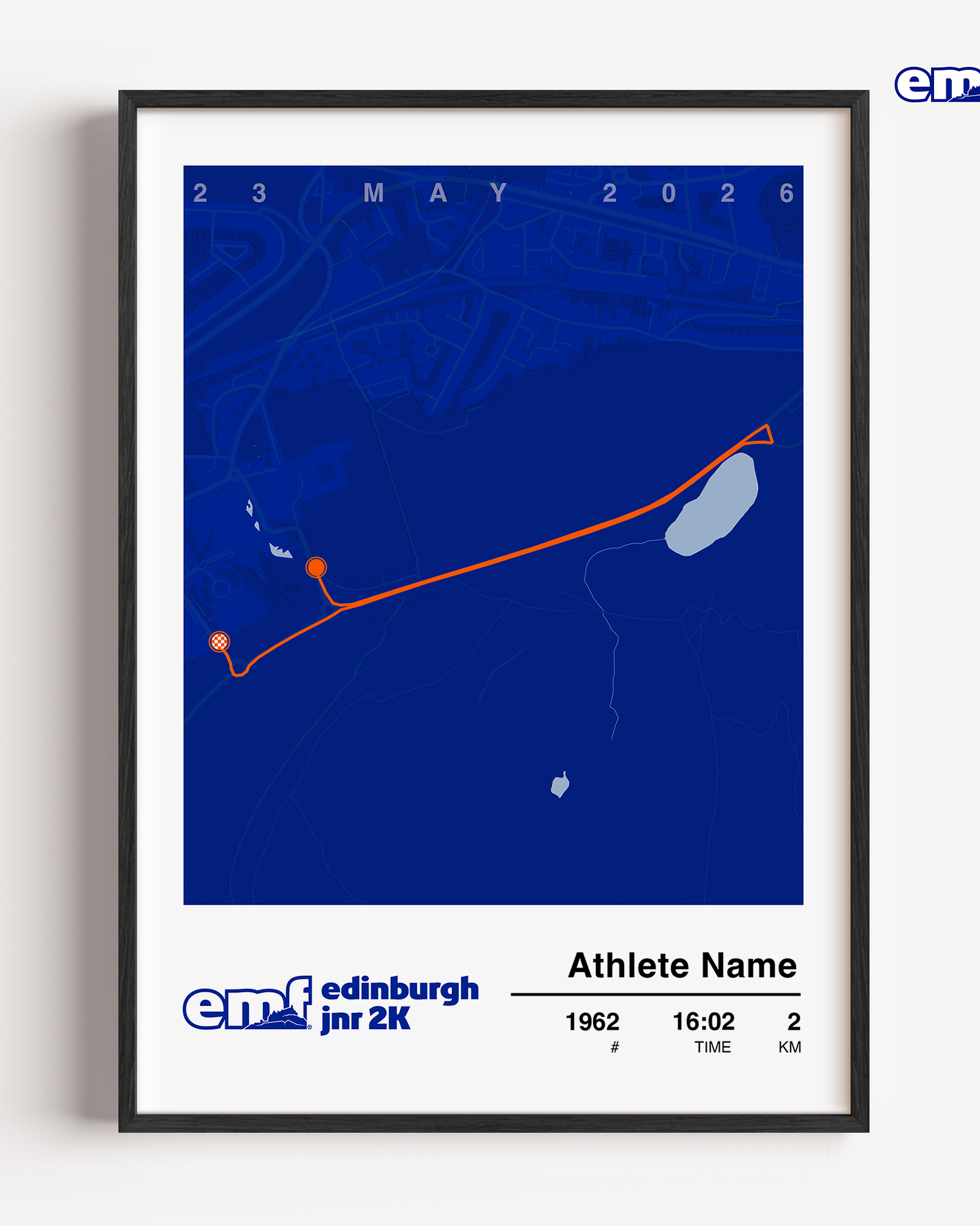Official Edinburgh Marathon Junior 2km commemorative print with a blue background and official logo, featuring a detailed map of the 2km route to honour their fantastic running achievement.
