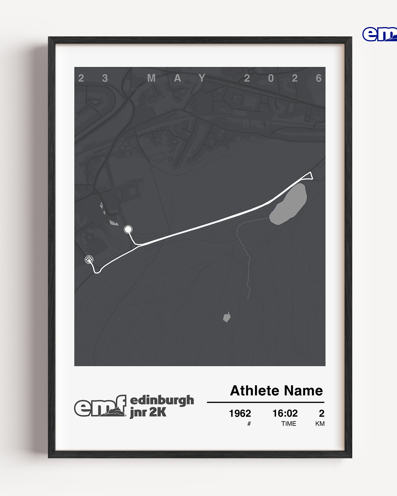 Official Edinburgh Marathon Junior 2km custom print in grey, featuring the official event branding and a custom map of the Junior route for a timeless and sophisticated keepsake.