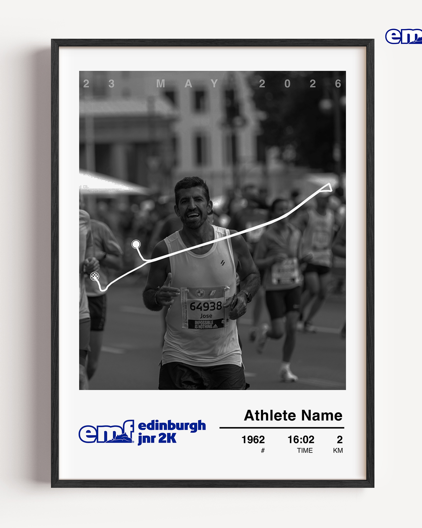 A vibrant framed Edinburgh Marathon photo print celebrating a junior runner’s 2k achievement with the event course map, a race photo and personalised finish details.