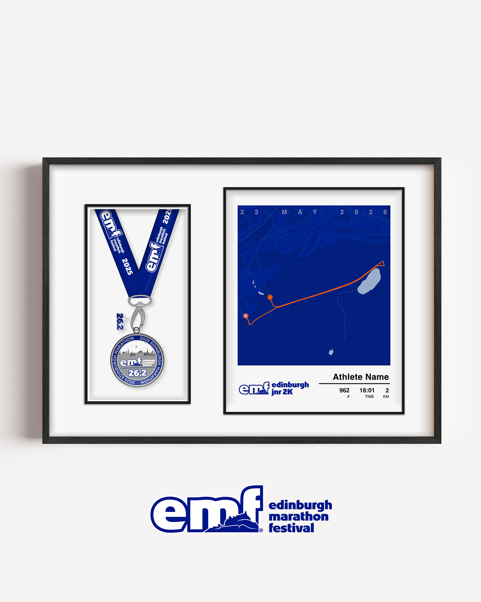 Official Edinburgh Marathon Junior 2km medal display frame with a blue background and official logo, including a custom race map and a dedicated spot to mount their 2km finisher's medal.