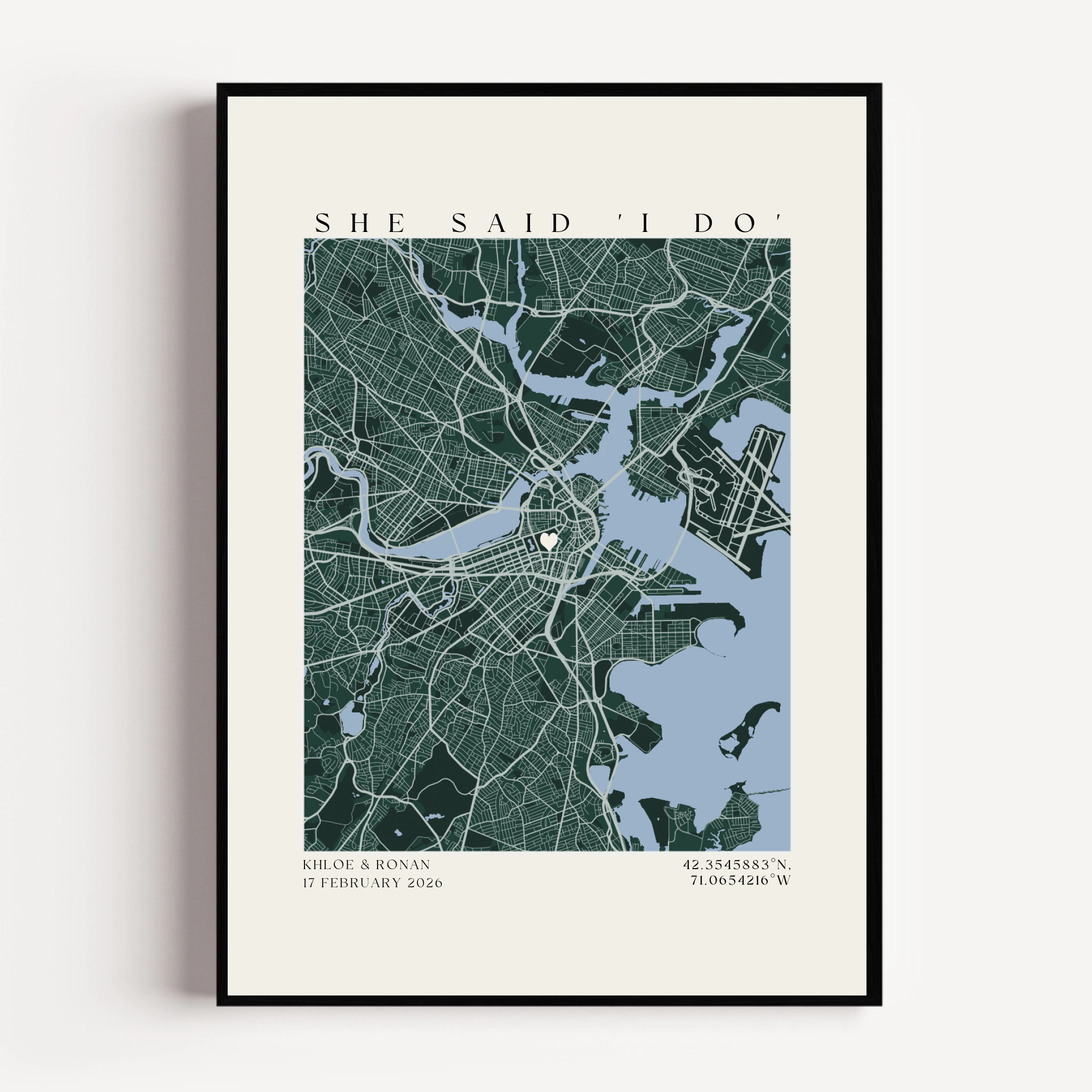 Personalized engagement map print showing custom proposal location with red heart and minimalist circular design