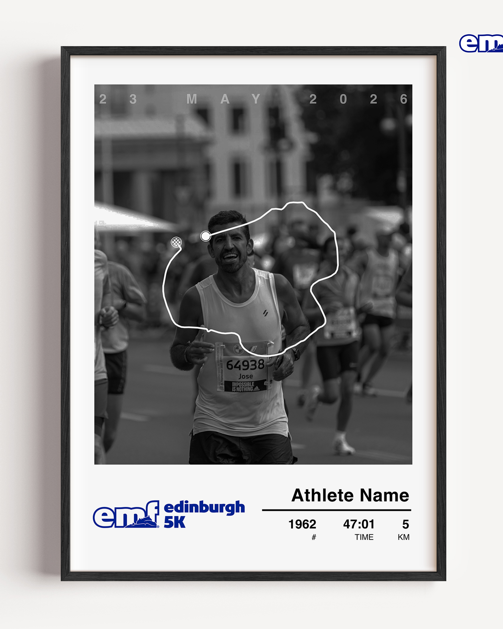 A commemorative framed Edinburgh Marathon 5k photo print showcasing the event map alongside a personal race photo and official results.