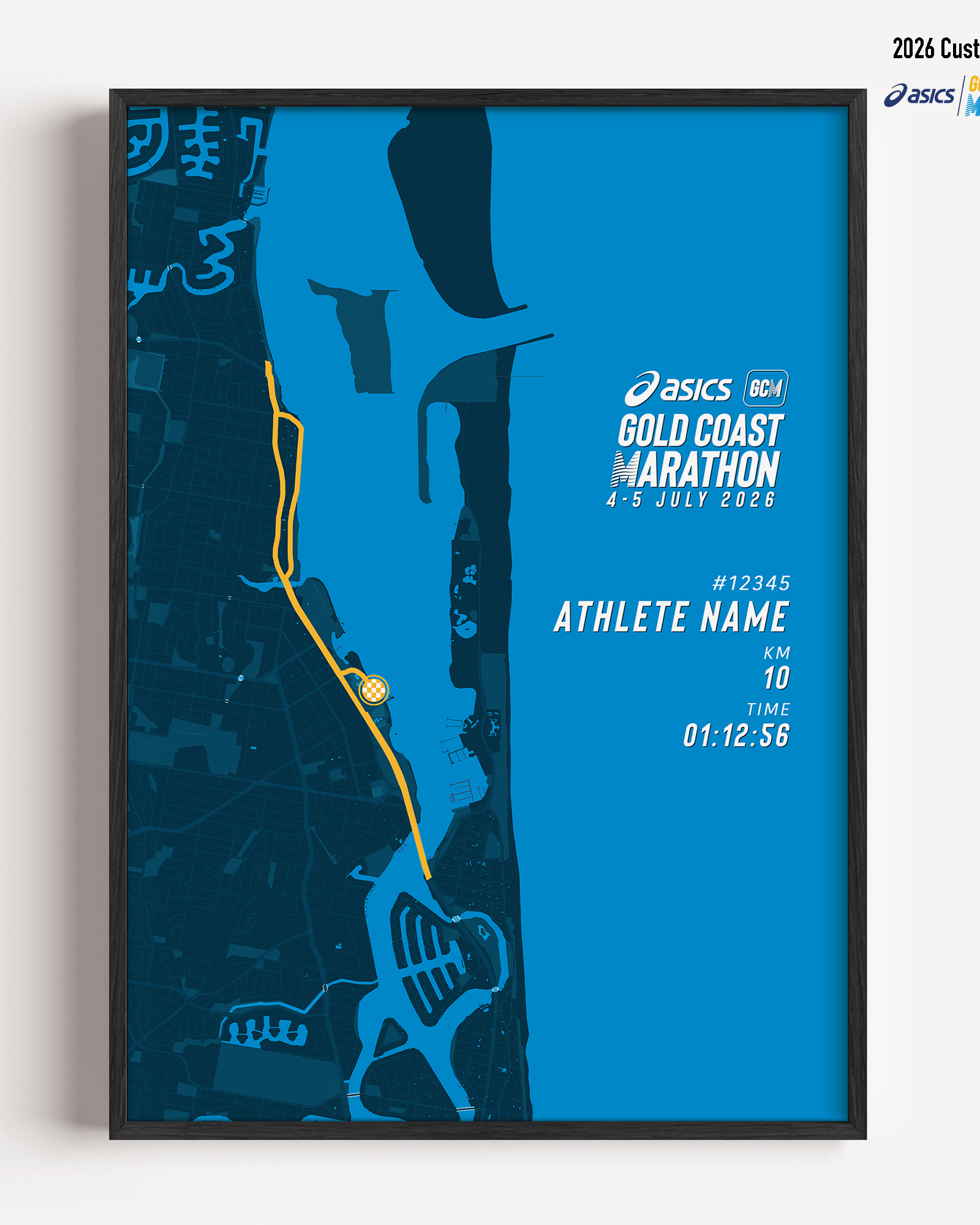 Framed Gold Coast Marathon 10km 2026 personalised artwork displayed on a wall as home decor.