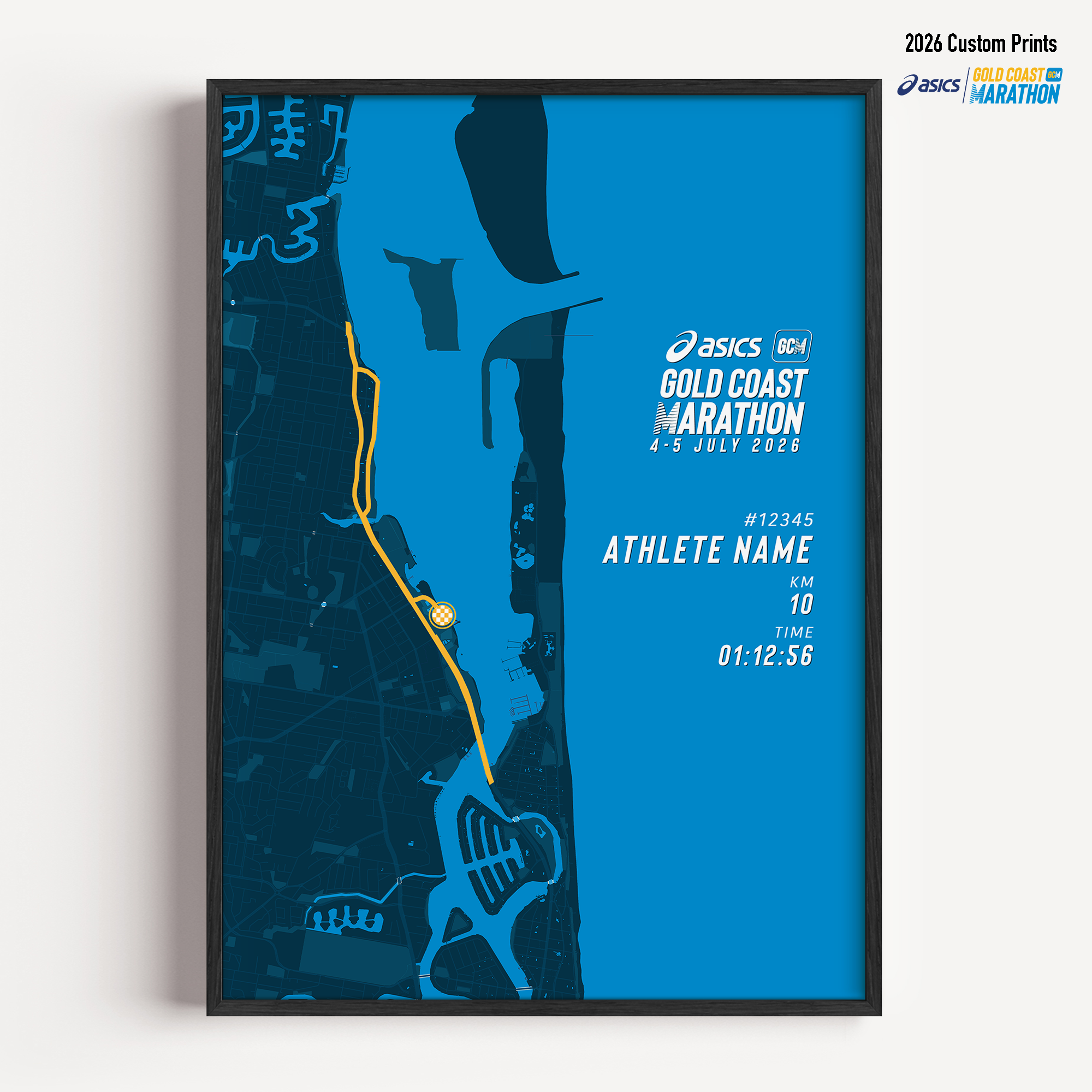 Framed Gold Coast Marathon 10km 2026 personalised artwork displayed on a wall as home decor.