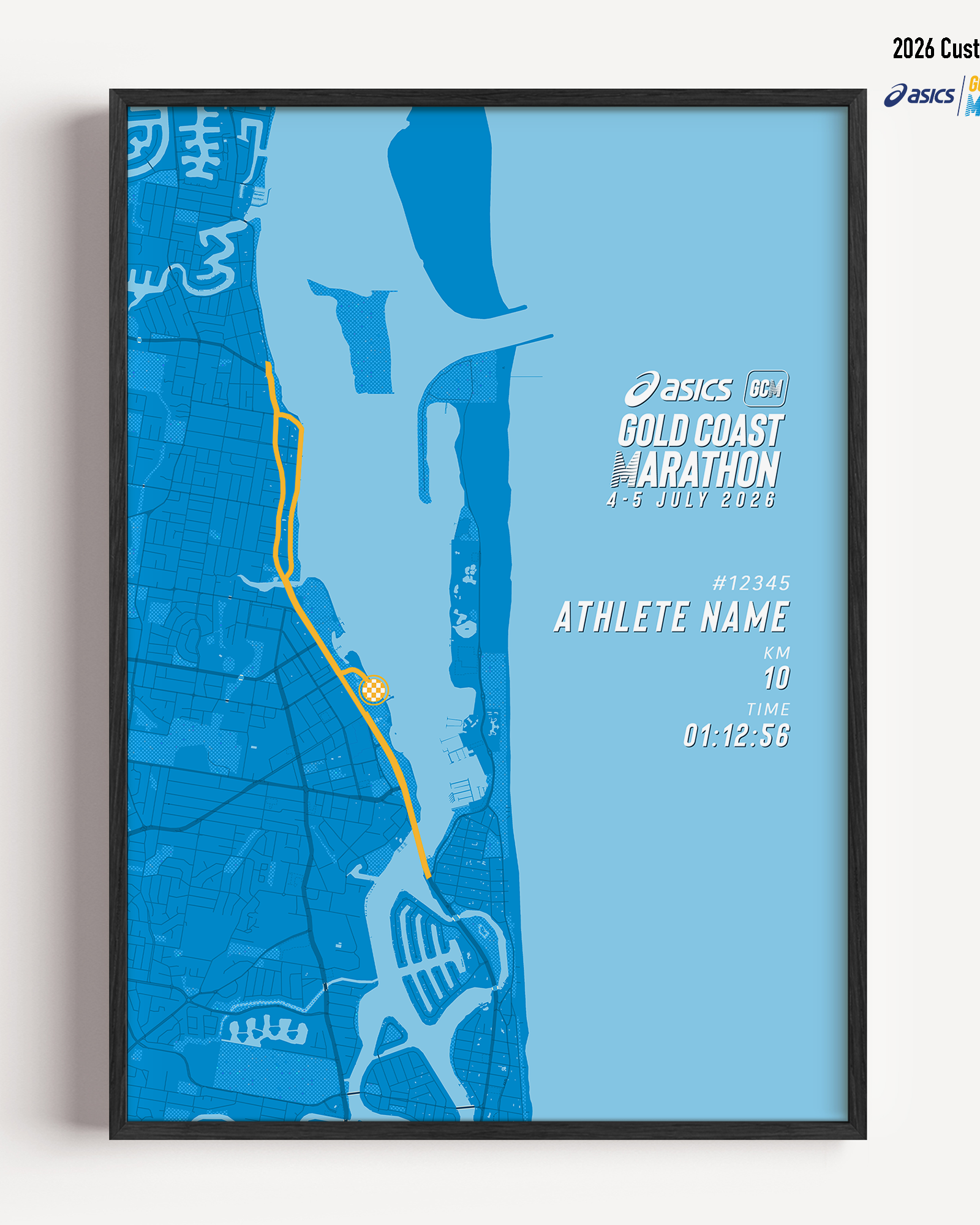 Framed Gold Coast Marathon 10km 2026 personalised artwork displayed on a wall as home decor.